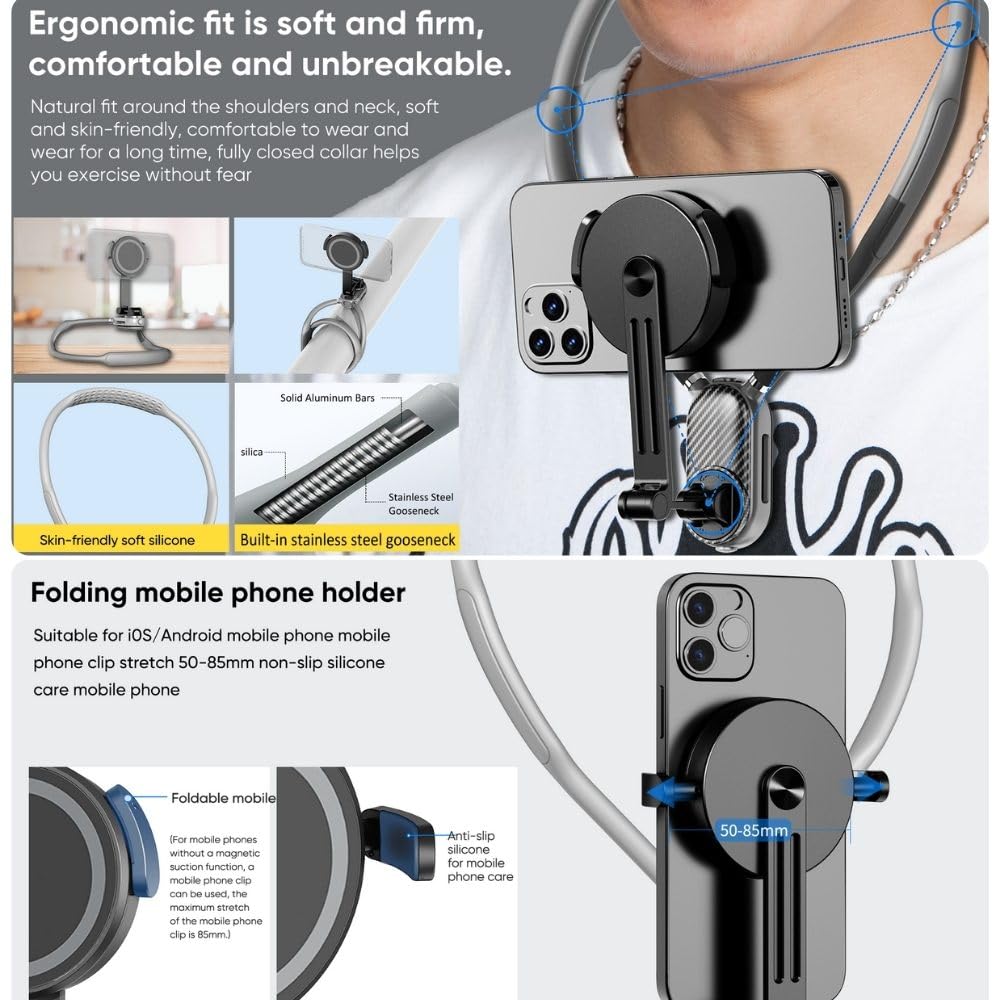 LEESENEVO Magnetic Neck Phone Holder - Adjustable Multi-Directional Rotation Phone Mount for POV/Vlogging, Compatible with iPhone & Android Smartphones (Grey) | Hands-Free Video Recording, Live Streaming & Content Creation Accessory