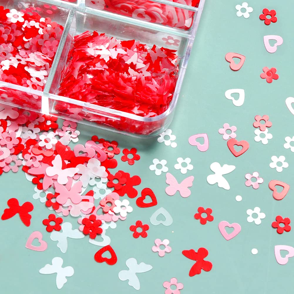 12 Grids Heart Nail Sequins - 3D Holographic Laser Nail Art Supplies with Love Hearts, Butterflies & White Flowers - Perfect for Valentine's Day Nail Designs, DIY Manicures & Party Decorations