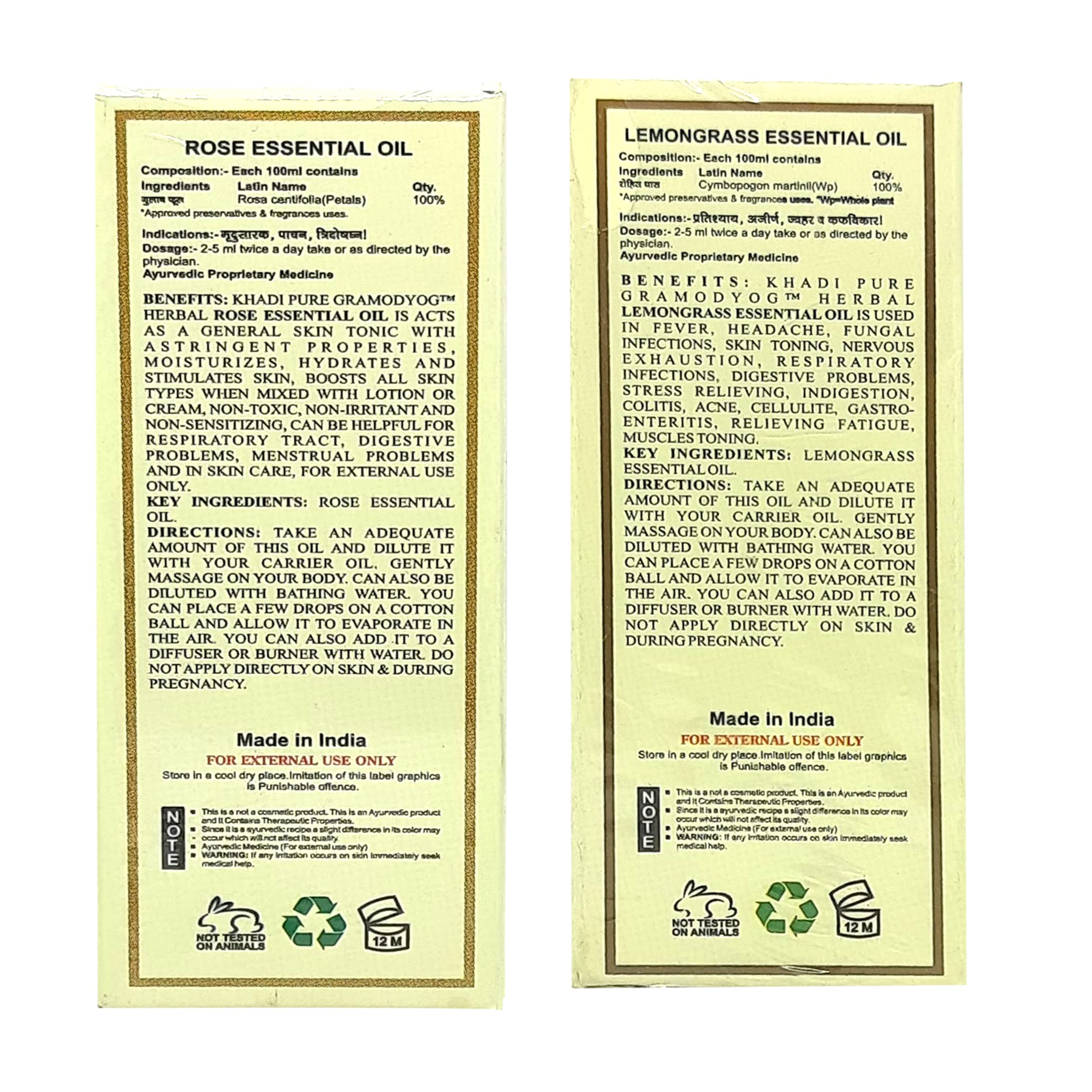 Khadi Pure Rose & Lemongrass Essential Oil - 15ml (Pack of 2) for Aromatherapy, Massage & Skin Care | 100% Natural Therapeutic Grade Oil for Relaxation & Stress Relief