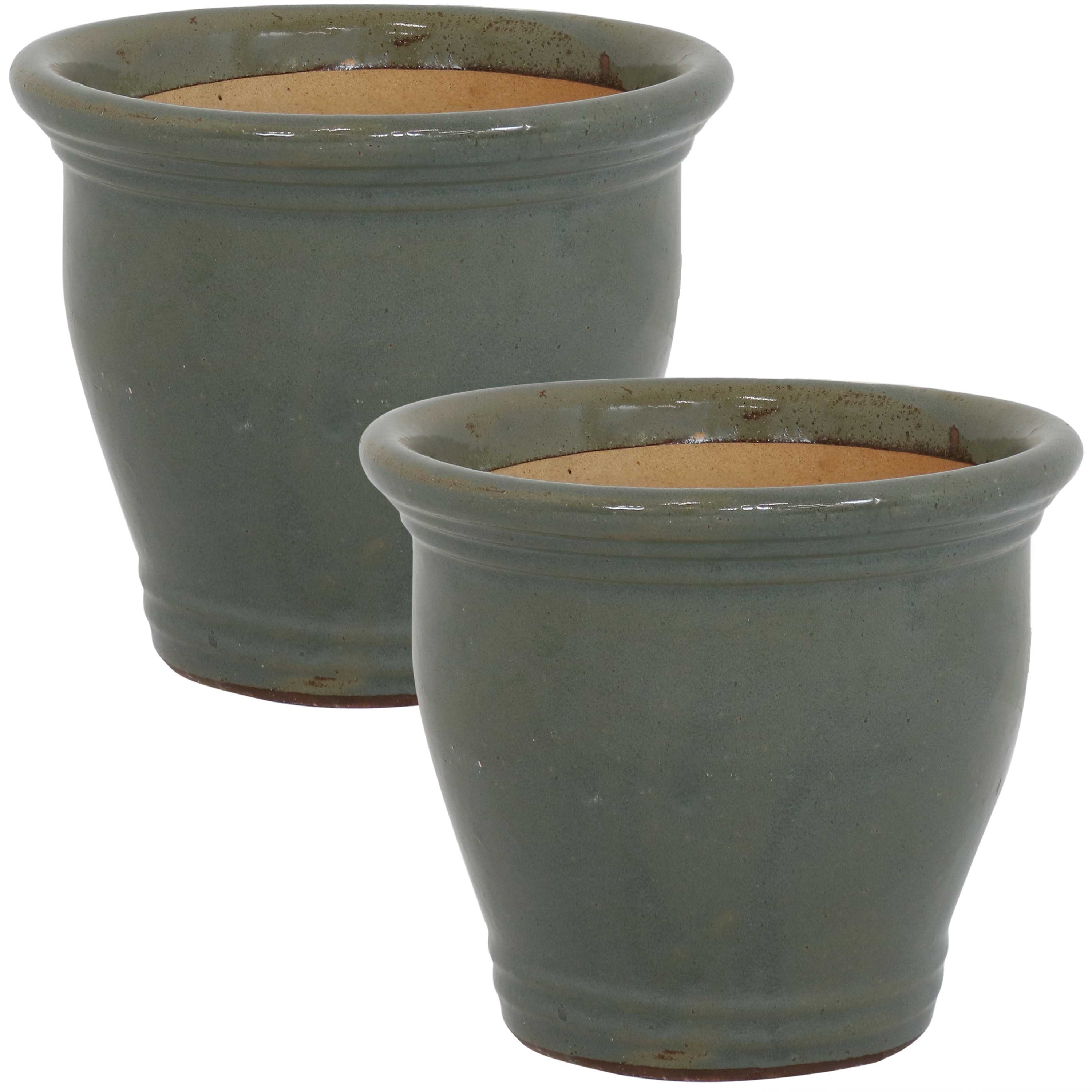 Sunnydaze Studio Glazed Ceramic Plant Pots with Drainage Holes - Set of 2, Indoor Outdoor Flower Planters for Home Garden, Patio, Balcony Decor