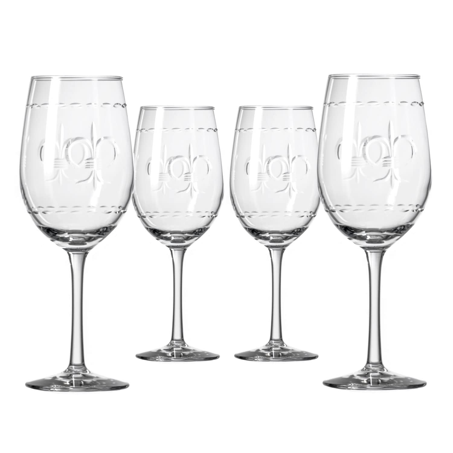 Premium Rolf Glass Fleur De Lis White Wine Glasses Set of 4 - 12oz Lead-Free Crystal Stemware with Diamond Wheel Engraving - Handcrafted in USA - Perfect for Dinner Parties, Weddings & Wine Tasting Events
