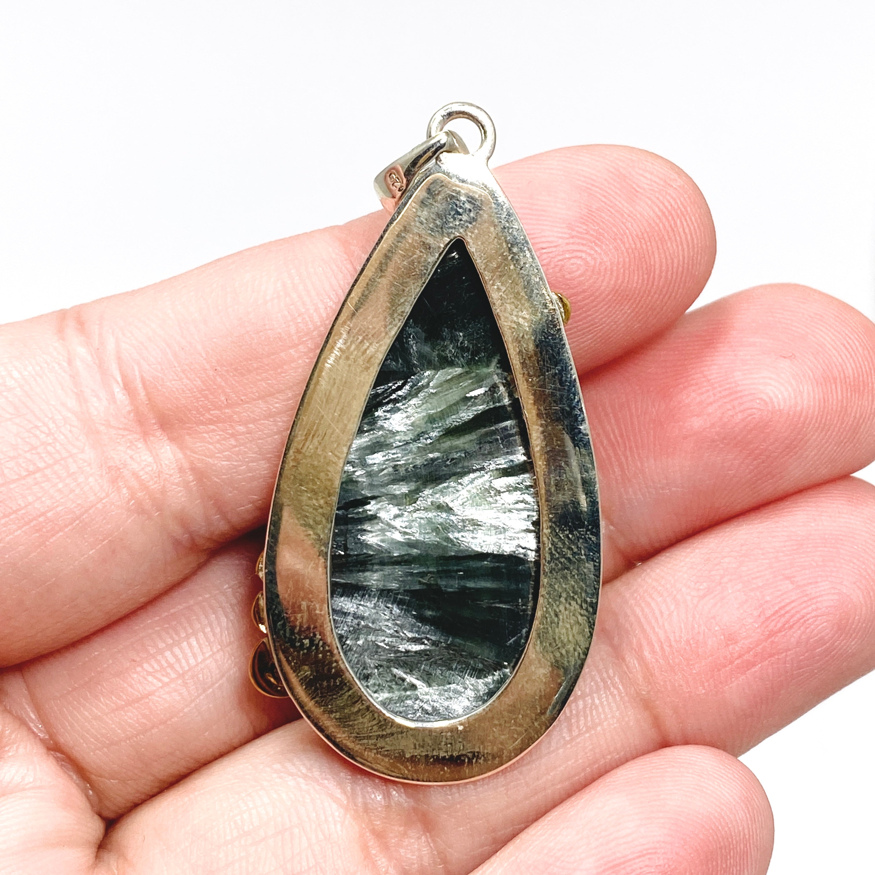 Seraphinite Teardrop Cabochon Pendant Necklace - 925 Sterling Silver Decorative Setting KPGJ4843 | Healing Crystal Jewelry for Meditation & Spiritual Gifts