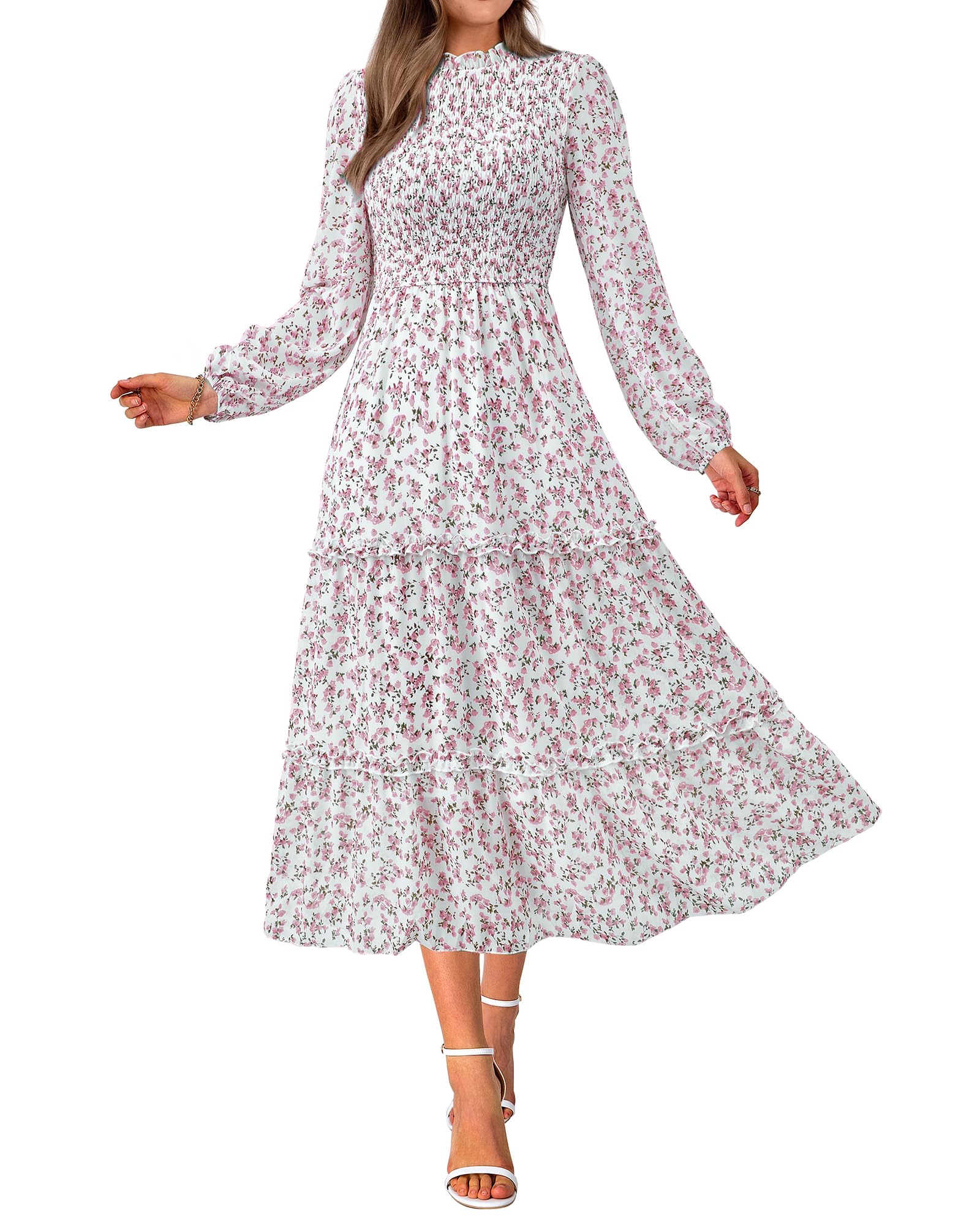 NOLLSOM Women's Floral Boho Maxi Dress - Long Sleeve Crew Neck A-Line Flowy Wedding Guest Dress for Spring 2025 | Perfect for Beach Vacations, Garden Parties & Casual Outings
