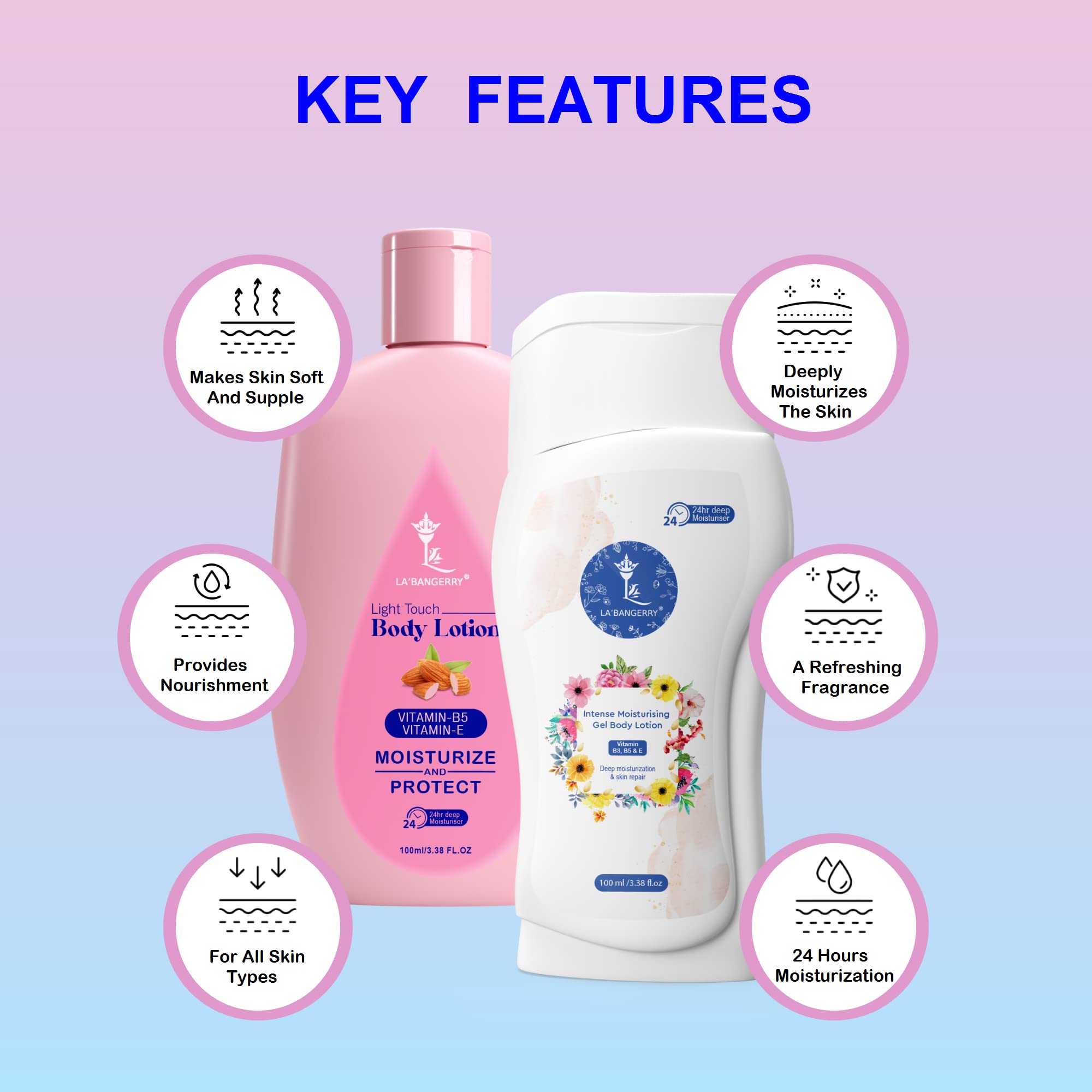 LA'BANGERRY Daily Moisturizing Gel Body Lotion & Almond Body Lotion Combo Set - 100ml (Pack of 2) - Intensive Hydration for Dry Skin, Non-Sticky Formula for Smooth & Healthy Skin - Perfect for Daily Use, After Shower, and Nighttime Skincare Routine