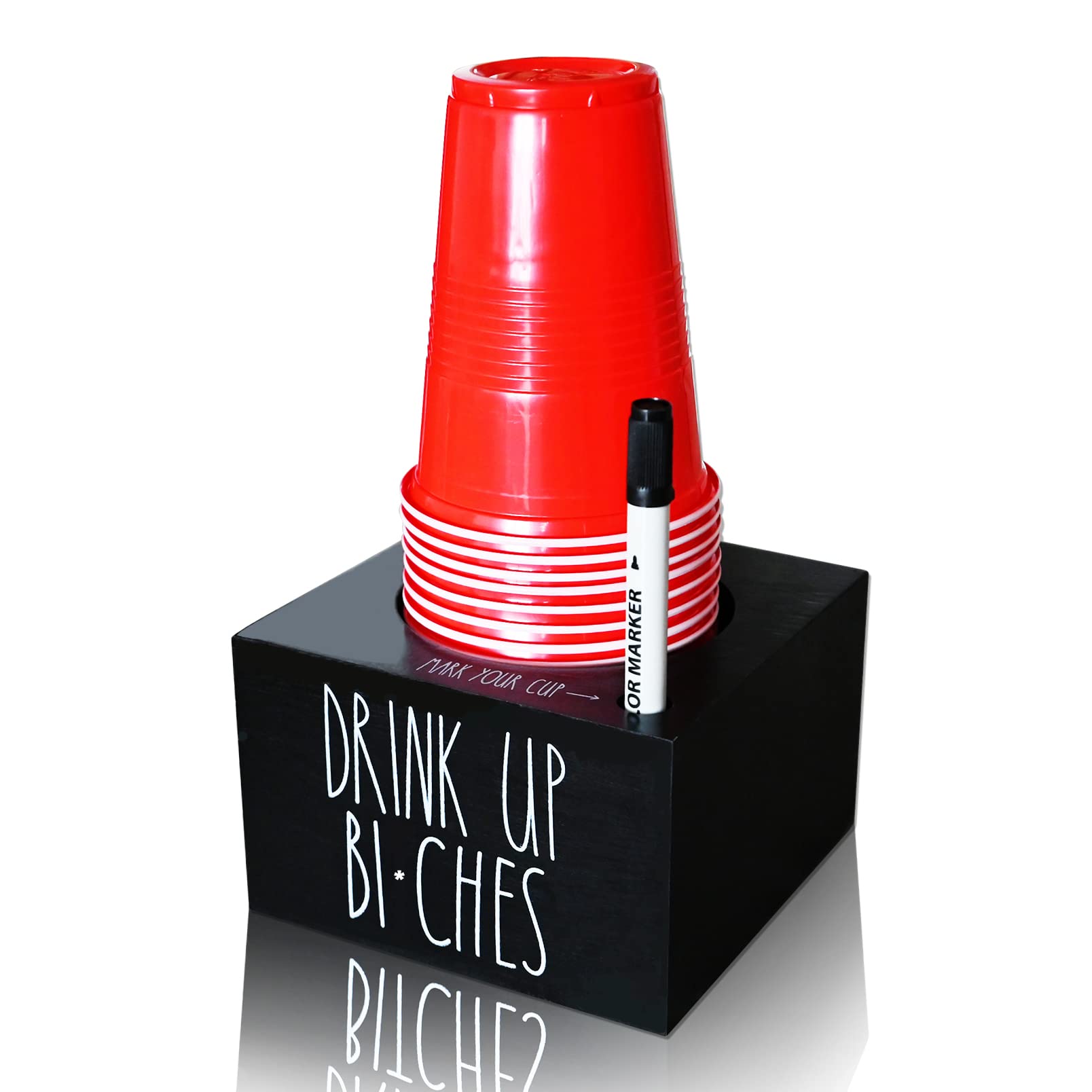 Solo Cup Holder with Marker Slot - Disposable Cups Organizer & Dispenser for Parties, Weddings, Housewarming - Rustic Farmhouse Plastic Cups Caddy (Black) | Perfect for Outdoor BBQs, Picnics, and Family Gatherings