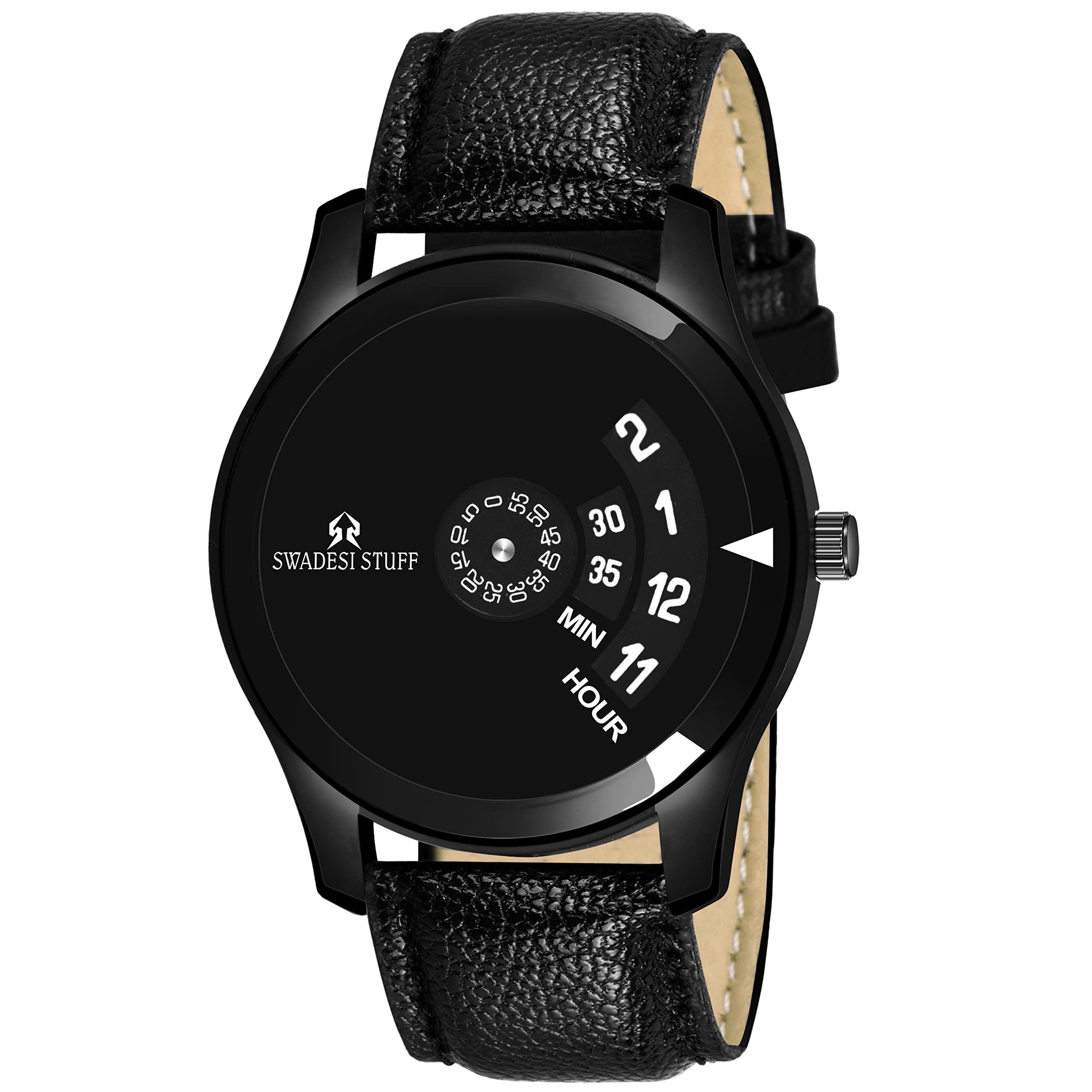 SWADESI STUFF Men's Unique Style Round Dial Analog Watch with Colored Leather Strap - Black | Casual & Formal Wear | Perfect for Office, Dating & Special Occasions