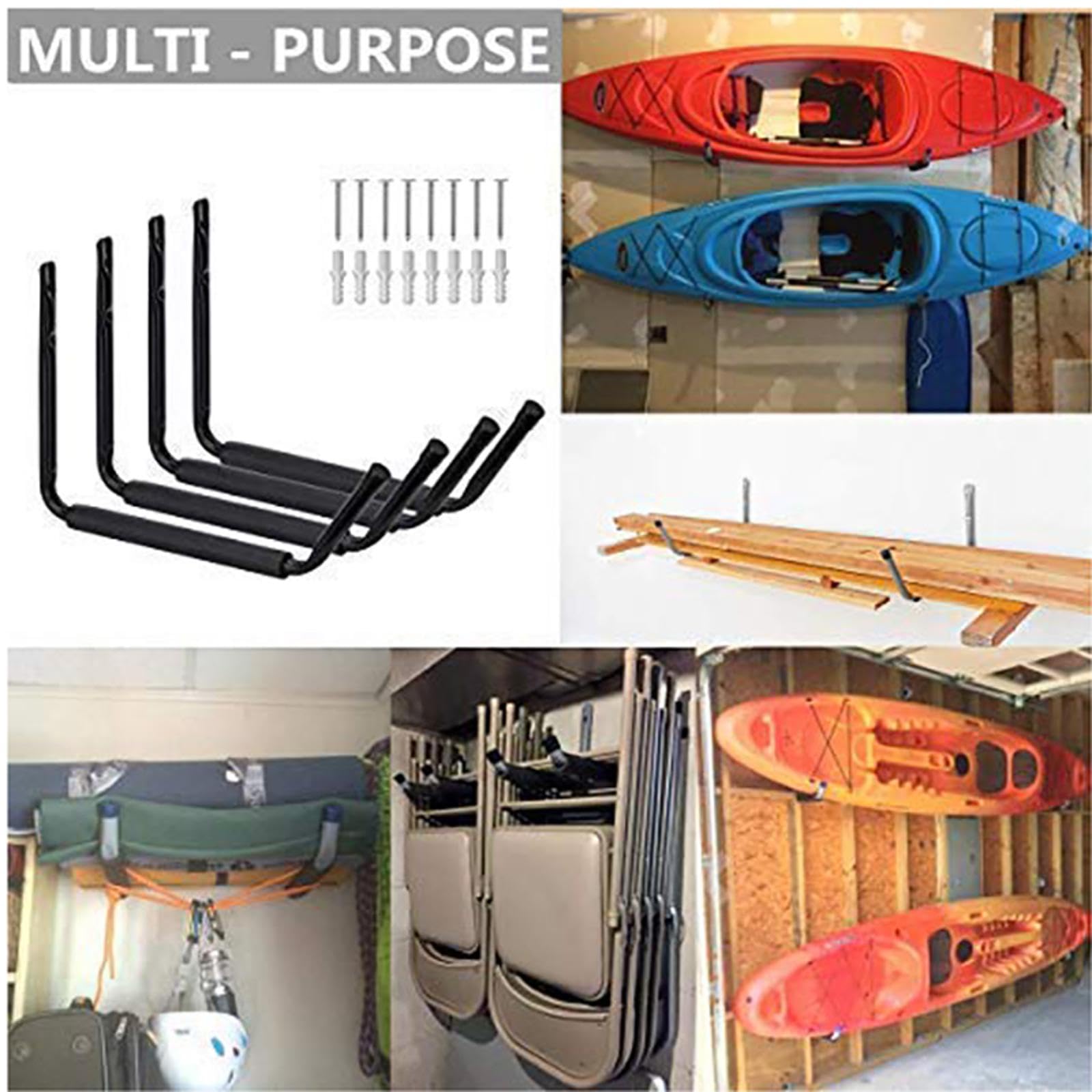 Heavy Duty Garage Hooks 4 Pack - Wall Mounted Tool Hangers for Ladders, Bikes, Ropes & Yard Tools - Includes 8 Screws & 8 Bolts - Perfect for Garage, Shed & Workshop Organization
