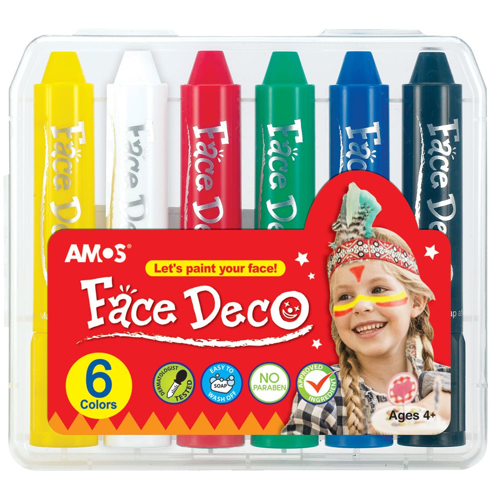 Amos Face Deco Facepaint Set - 6 Vibrant Colors for Halloween, Cosplay & Face Painting - Non-Toxic, Washable & Safe for Kids & Adults