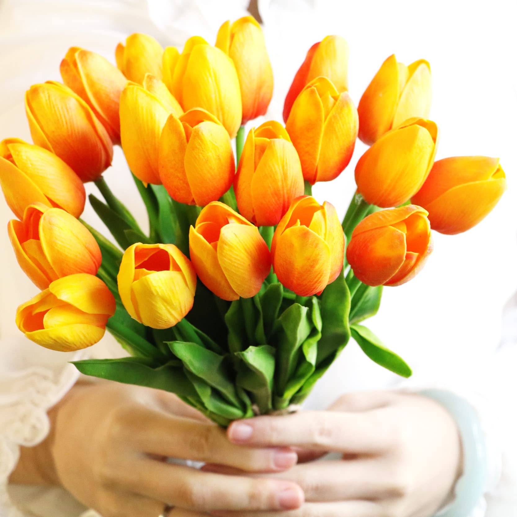 30 Pcs Real Touch Artificial Tulip Flowers - Faux Latex Tulip Stems for Wedding, Party & Home Decor (Sunset Orange) | DIY Centerpieces, Table Arrangements, Bridal Bouquets