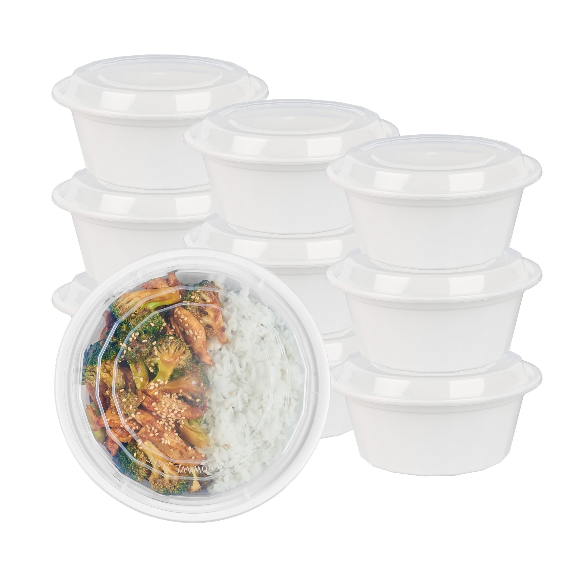32 oz Round White Plastic Food Storage Containers with Clear Lids - Microwave Safe Takeout Boxes (7.25