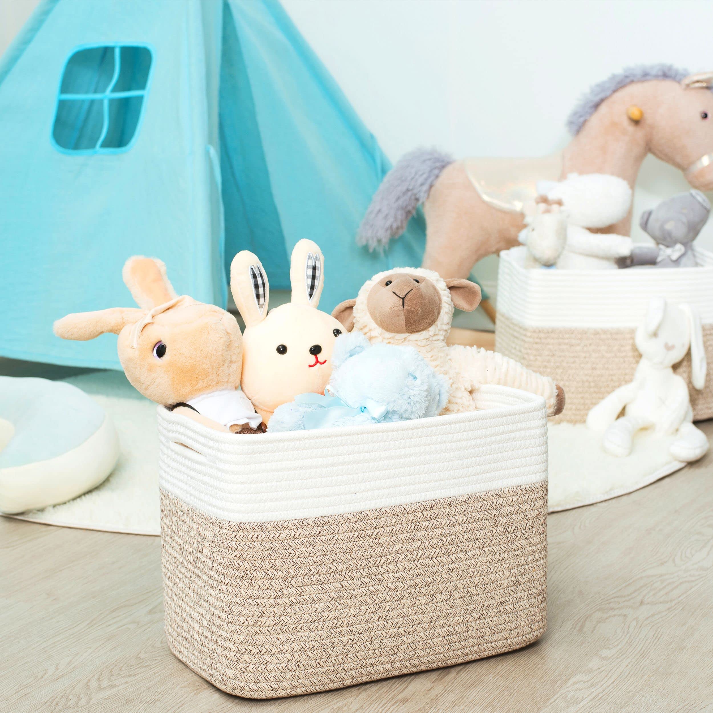 MINTWOOD 3-Pack Woven Storage Baskets - Light Brown Decorative Cube Bins for Shelves, Playroom, Classroom & Nursery Organization | Perfect for Kids' Toys, Books & Closet Storage