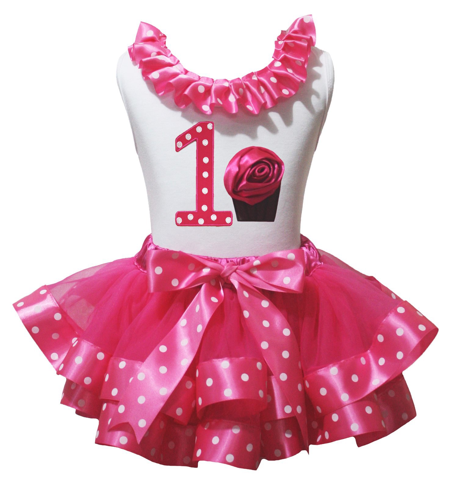Petitebella Pink Dots Cupcake Outfit - White Shirt & Hot Pink Dots Petal Skirt Set for Girls 1-3 Years | Birthday Party, Photo Shoot & Special Occasion Outfit