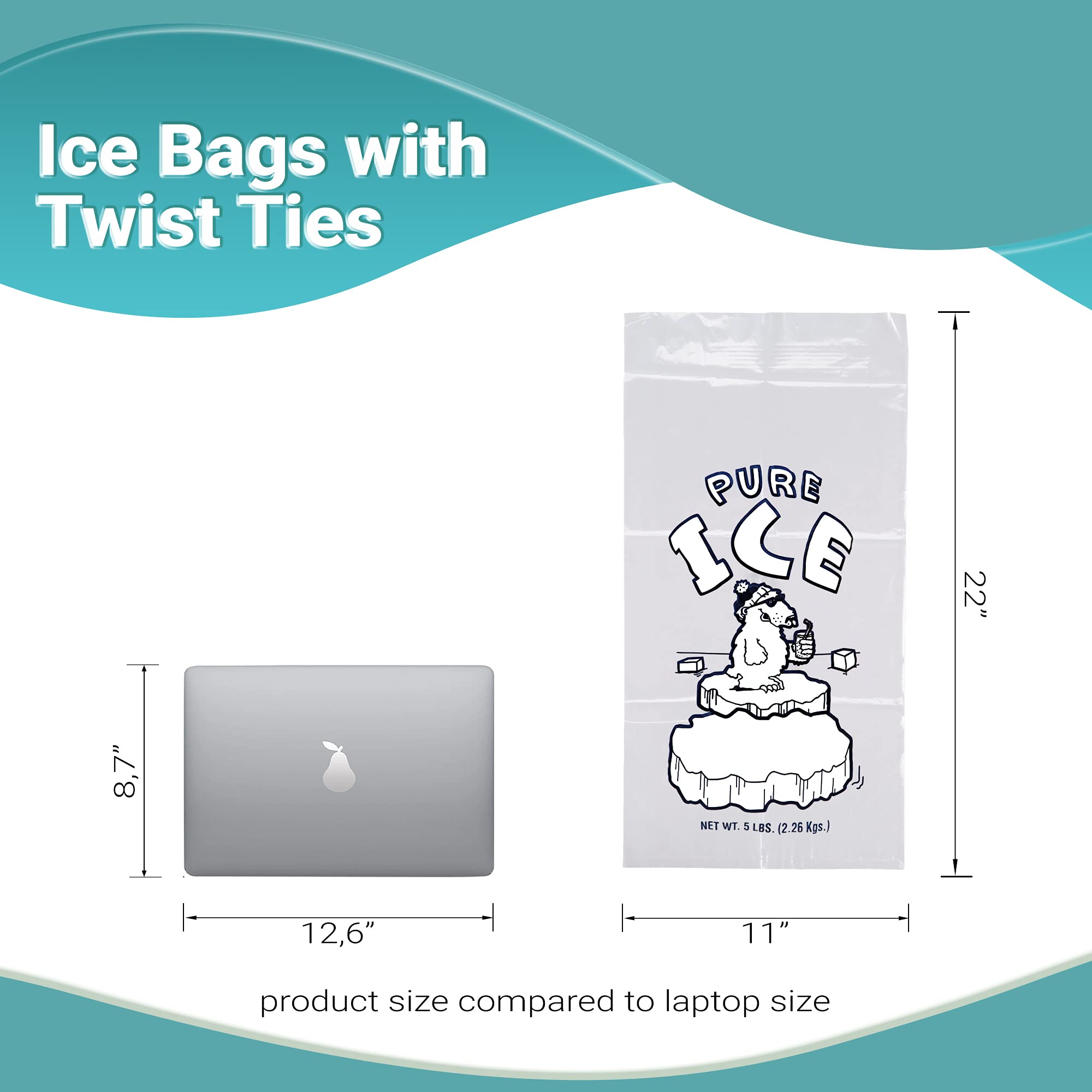 APQ 1000 Pack 11x22 Inch Plain Top Ice Bags with Twist Ties - 1.5 Mil Thick BPA Free Food Grade Safe Plastic - Perfect for Party Drinks, Commercial Ice Storage & Food Preservation