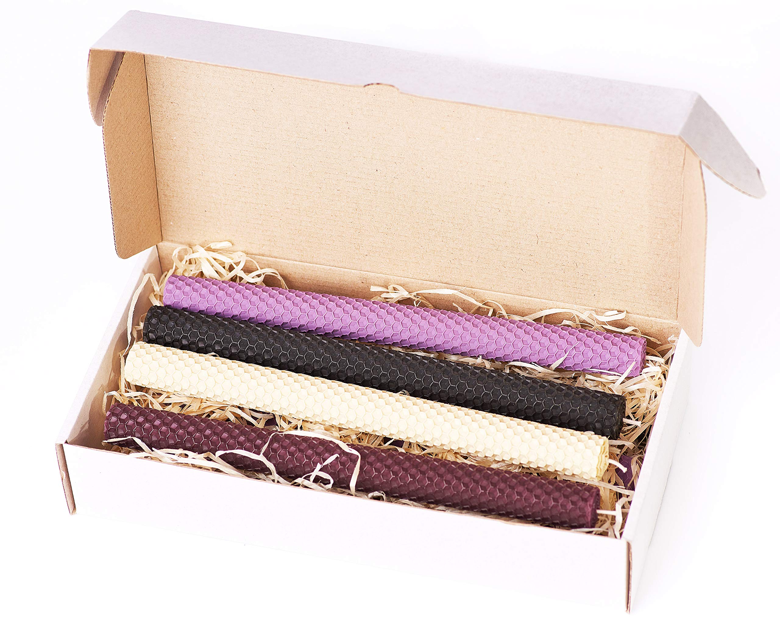 Premium 8-Pack Natural Pure Beeswax Taper Candles - Eco-Friendly Handmade Dripless Candles for Home Decor, Romantic Dinners, Church Ceremonies & Special Events (Black, Lavender, Purple, Ivory, 10.2