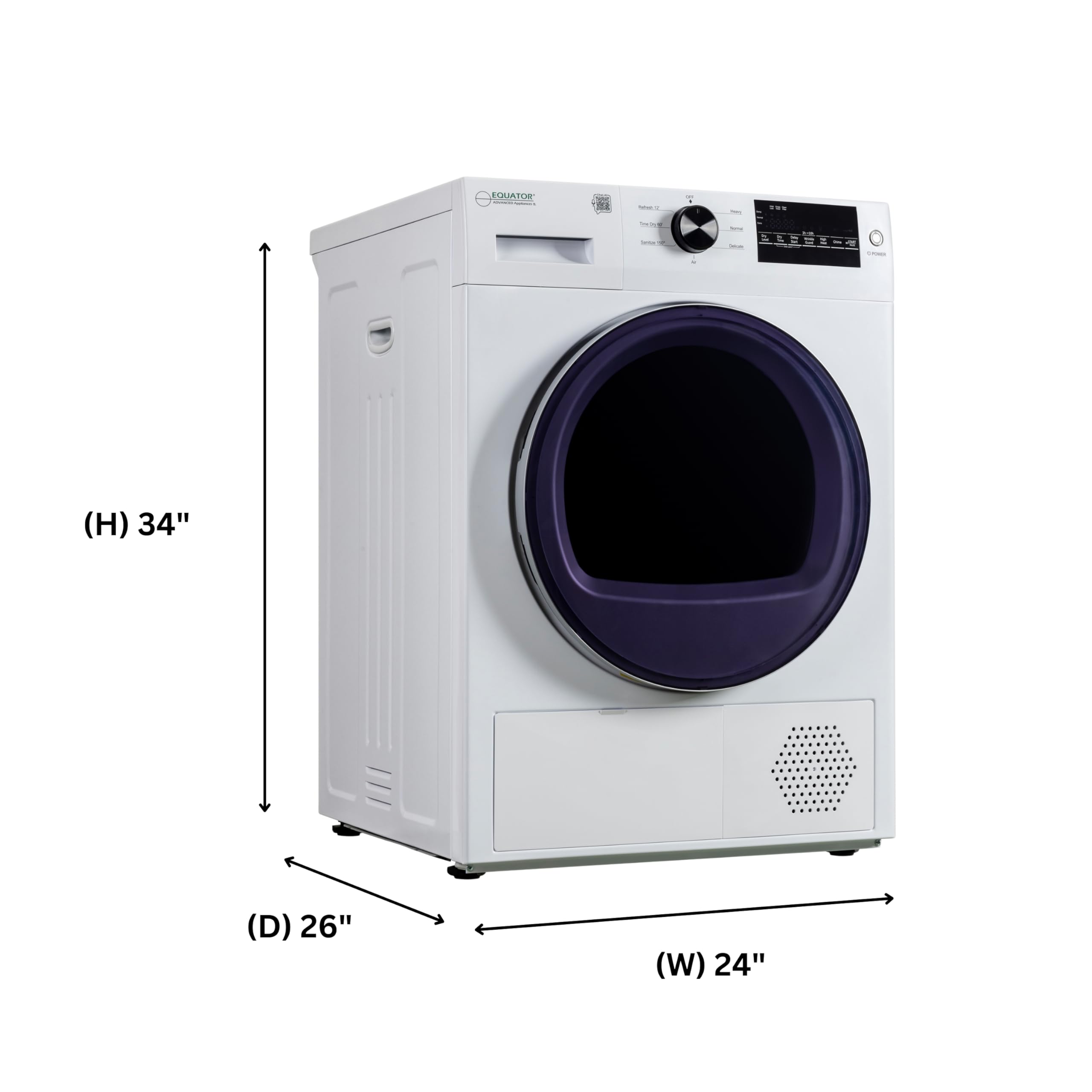 Equator 24 Inch Compact Heat Pump Dryer - 3.7 Cubic Feet Capacity, 20 lbs Load, Eco Sensor Technology, Ventless Design, 110V - Perfect for Apartments, RVs, and Small Laundry Rooms