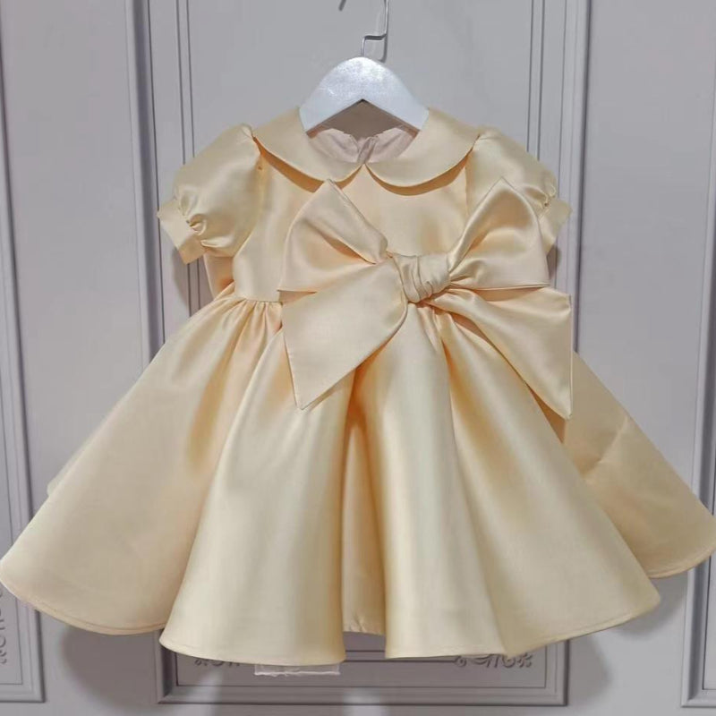Elegant Baby Champagne Baby Doll Collar Big Bow Princess Dress for Toddlers - Perfect for Pageants, Birthday Parties & Special Occasions