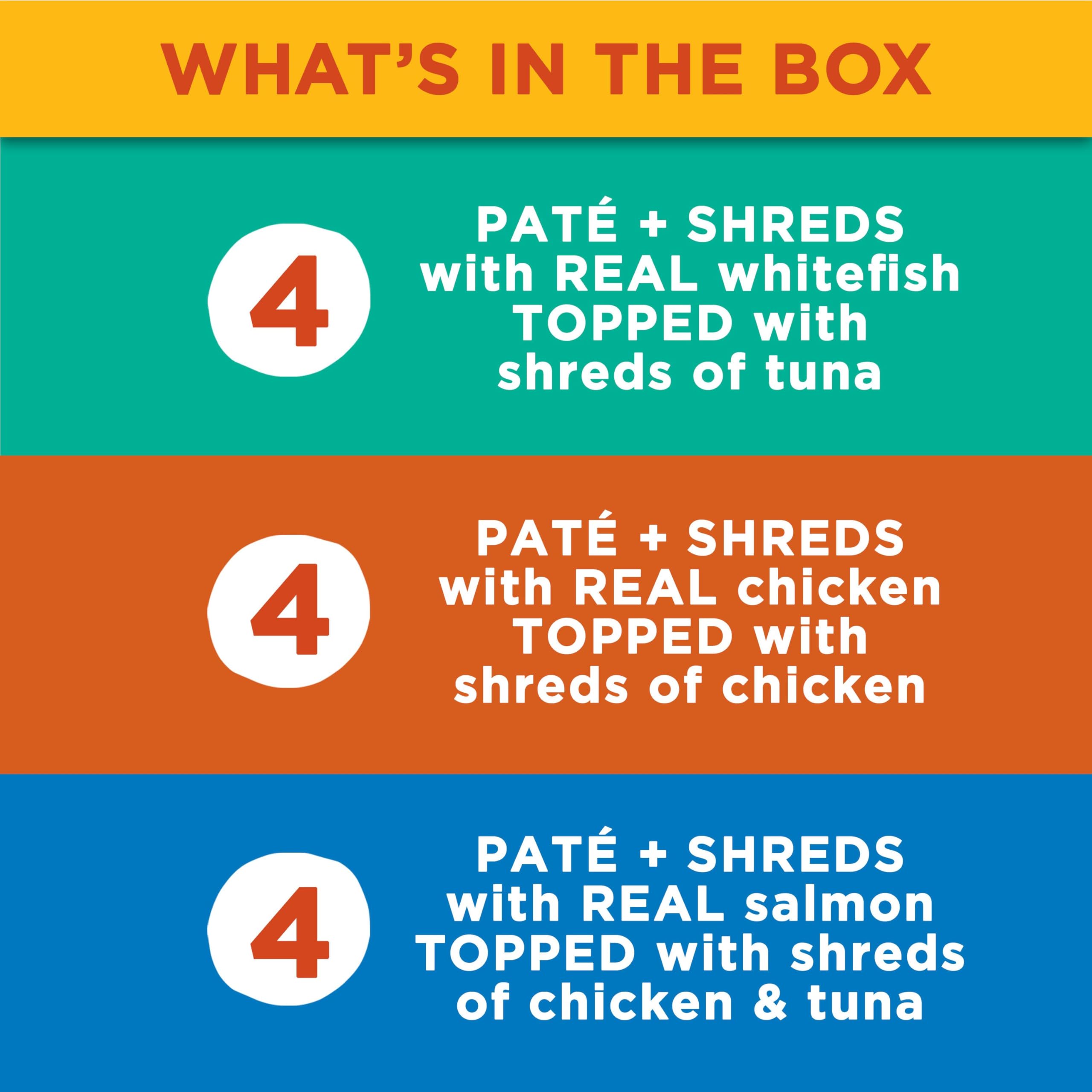 Meow Mix Paté & Shreds Wet Cat Food Variety Pack - 12 Seafood & Poultry Flavored 2.75oz Cups | Grain-Free Wet Cat Food for Adult Cats | Perfect for Picky Eaters, Travel & Mealtime Variety