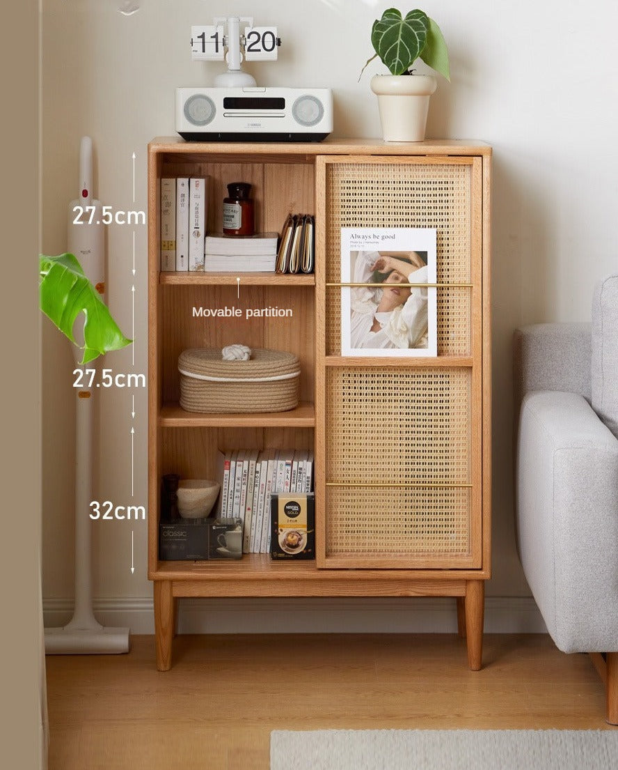 Solid Oak Wood Sliding Door Storage Cabinet with LED Lights - Modern Sideboard for Living Room, Bedroom & Entryway Organization