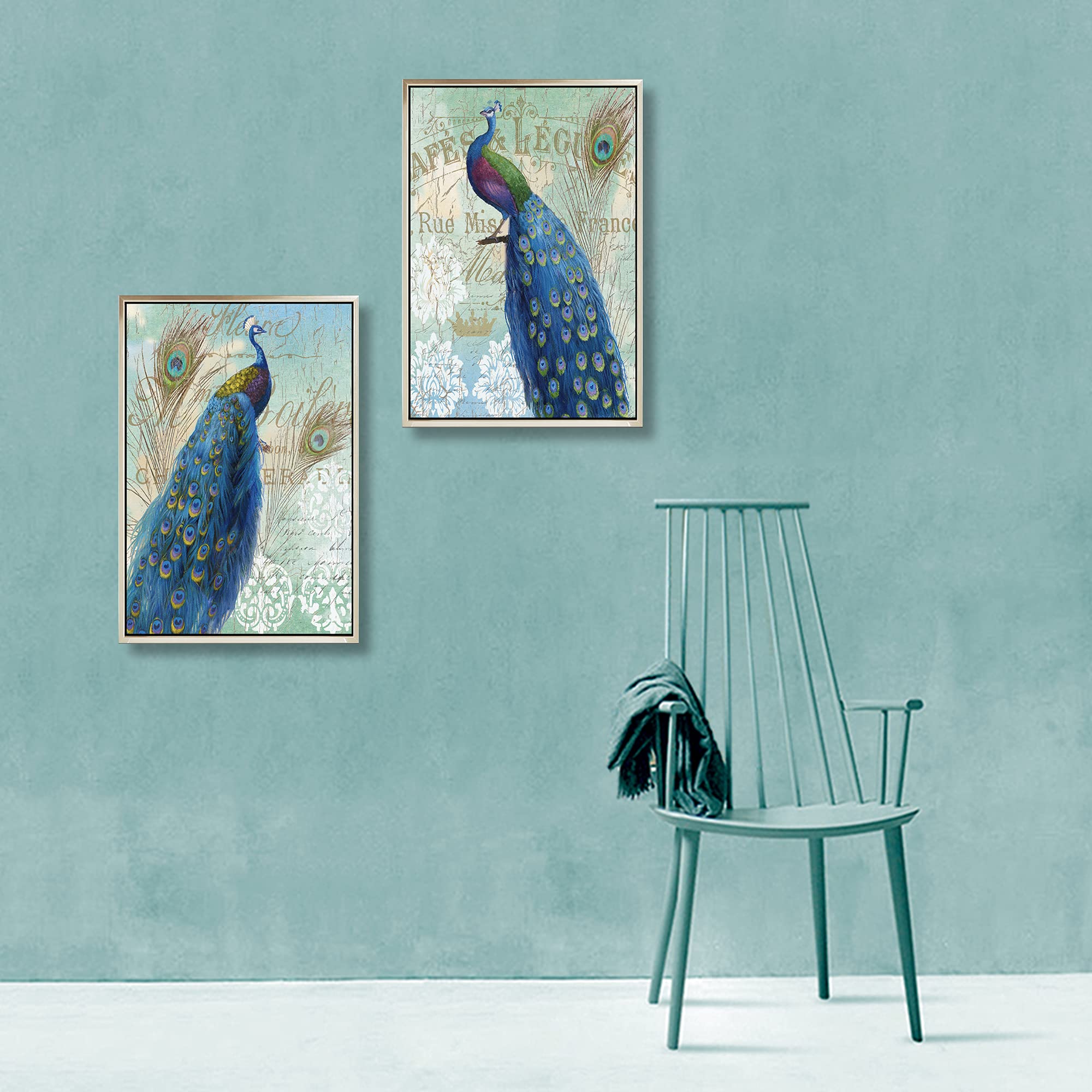 TEXTURE OF DREAMS Peacock Wall Art - 2 Panel Framed Canvas Painting of Blue Peacock Tail Feathers with Flowers, 36