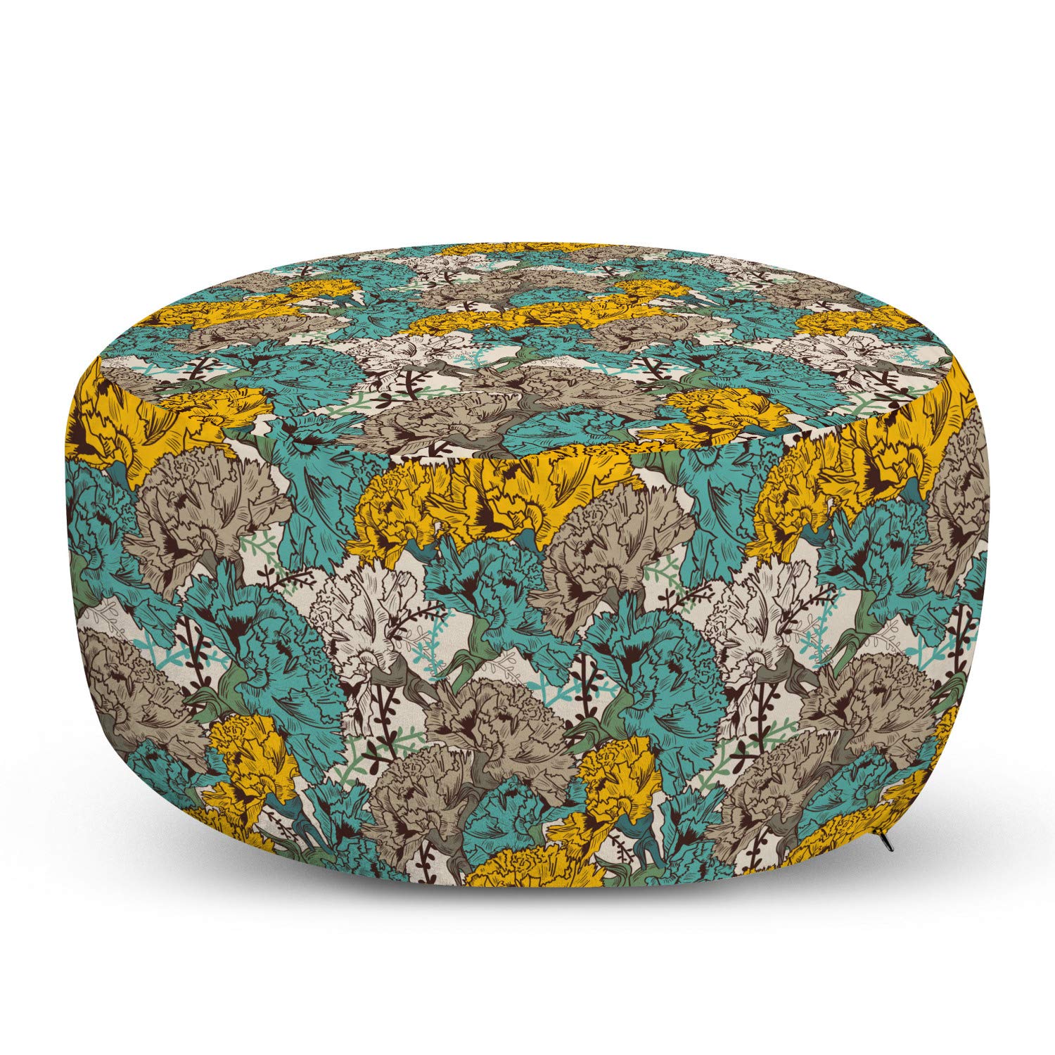 Ambesonne Floral Ottoman Pouf - Vintage Hand Drawn Carnation Design Foot Rest with Removable Cover, Soft Round Pouf for Living Room, Bedroom & Nursery - Earth Yellow & Turquoise Home Decor Accent | Perfect for Reading Nooks, Lounge Chairs & Foot Comfort