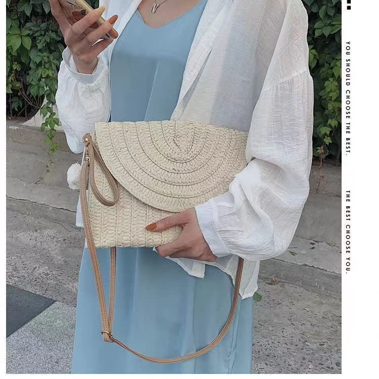 Hand-Woven Straw Shoulder Bag for Women - Boho Crossbody Clutch with Pompom Detail - Summer Beach Purse & Wallet (Color A) | Perfect for Vacation, Pool Parties, and Outdoor Events