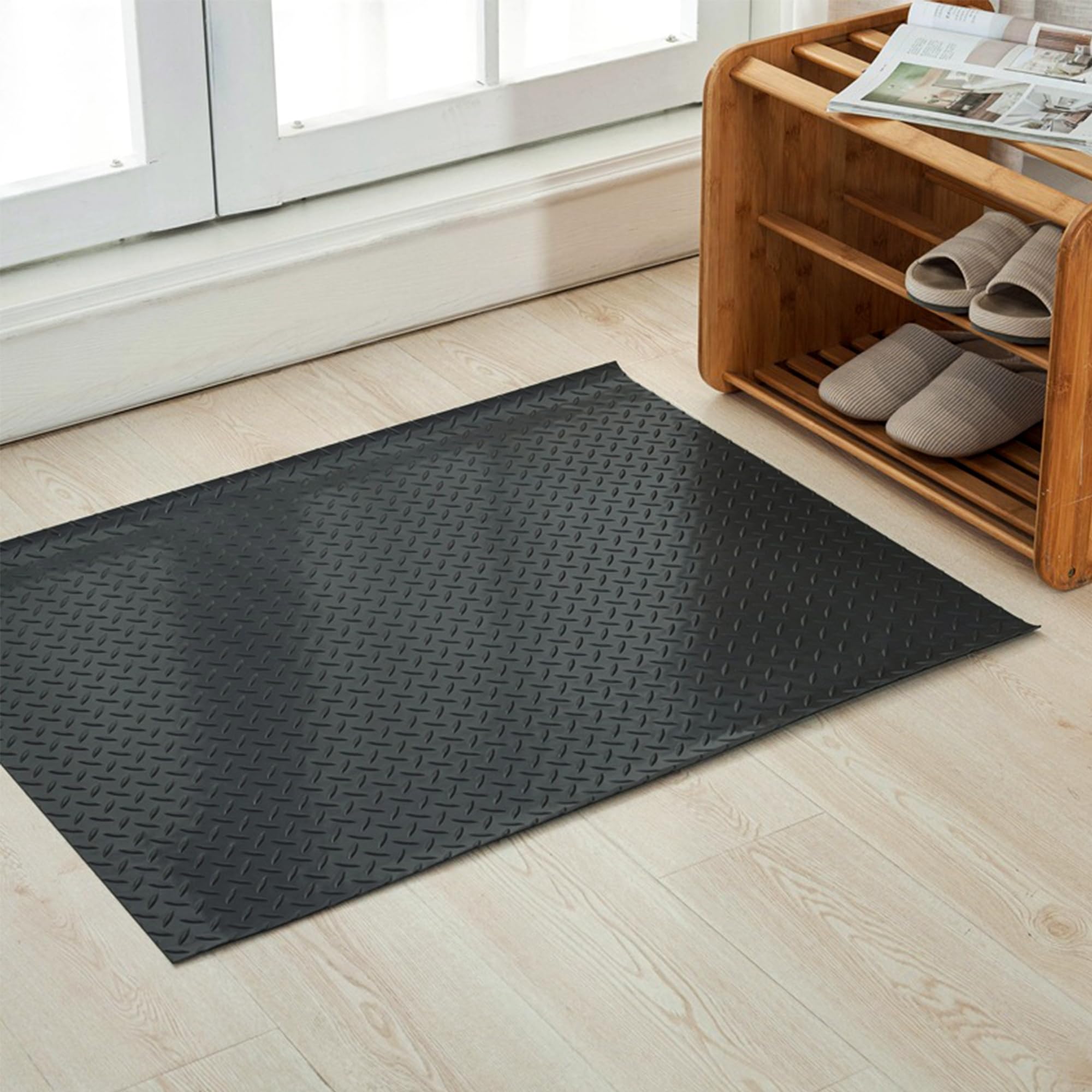 7.5 x 17 FT Heavy Duty PVC Garage Floor Mat Roll - Diamond Plate Pattern, 2.4mm Thickness, Waterproof Parking Mat for Garage, Workshop & Driveway Protection - Black