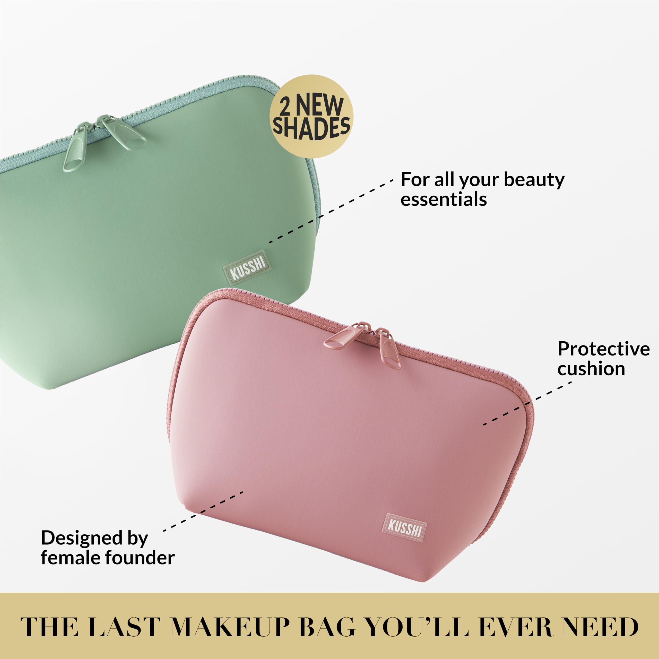 KUSSHI Neoprene Makeup Bag for Travel - Waterproof & Washable Cosmetic Pouch with Zipper Closure (Sage Green/Coral Rose) | Perfect for Toiletries, Makeup Brushes & Travel Essentials | Great Gift for Women
