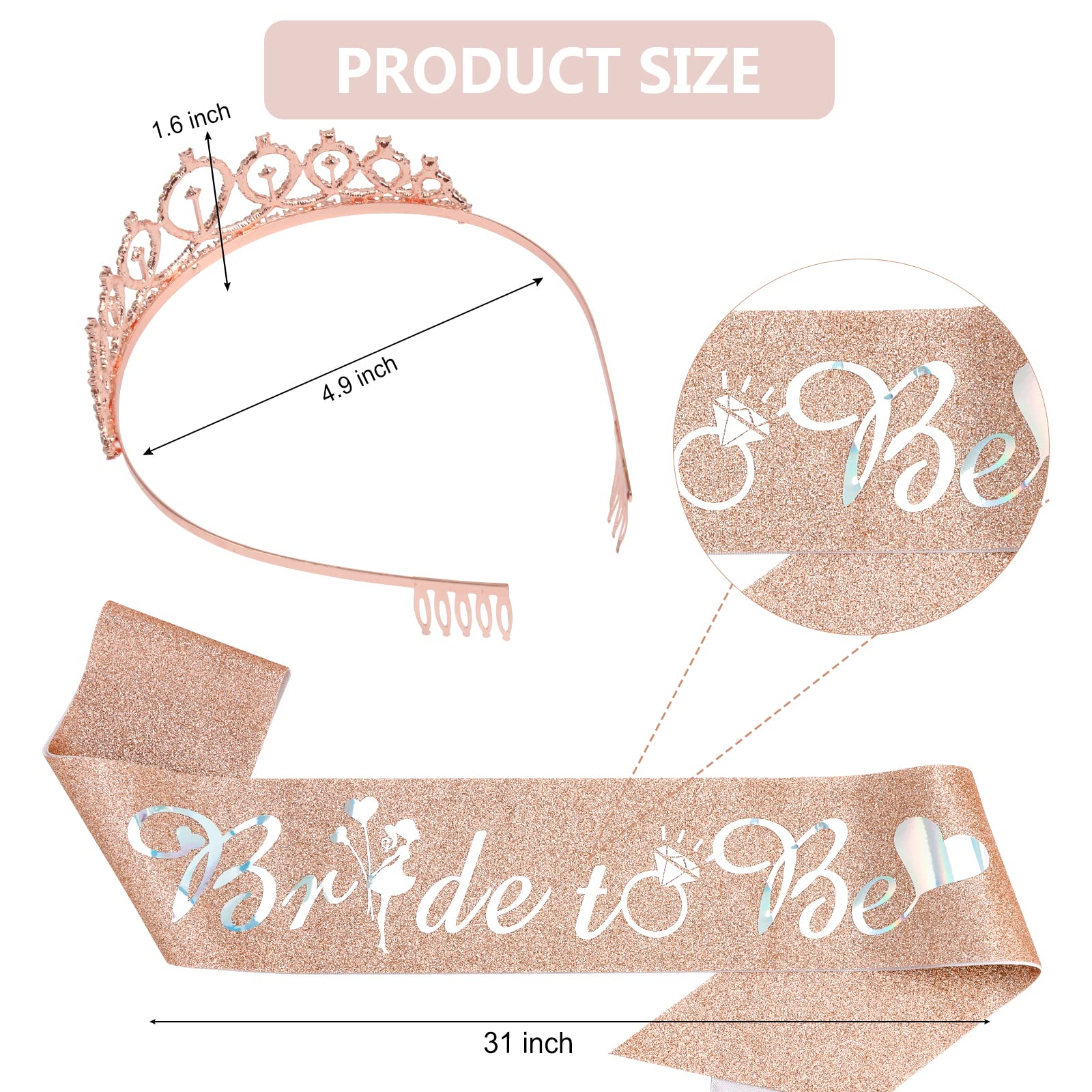 CIEHER Rose Gold Bridal Tiara & Sash Set - Elegant Bride To Be Crown & Decorations for Bridal Showers, Bachelorette Parties & Engagement Celebrations - Perfect Gift for Future Brides & Wedding Queen Vibes
