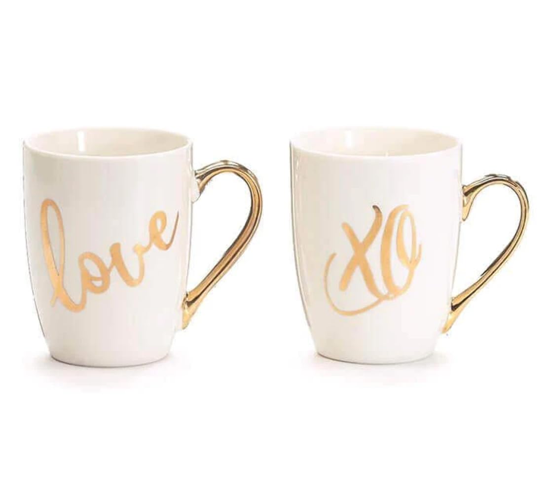 Burton Metallic Gold Love and XO Assorted Coffee Mugs - Perfect for Valentine's Day Gifts, Couples, and Romantic Home Decor