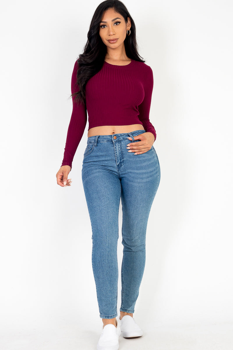 Women's Long Sleeve Round Neck Basic Crop Top - Soft Stretchy Casual T-Shirt for Layering, Workout, Yoga & Everyday Wear