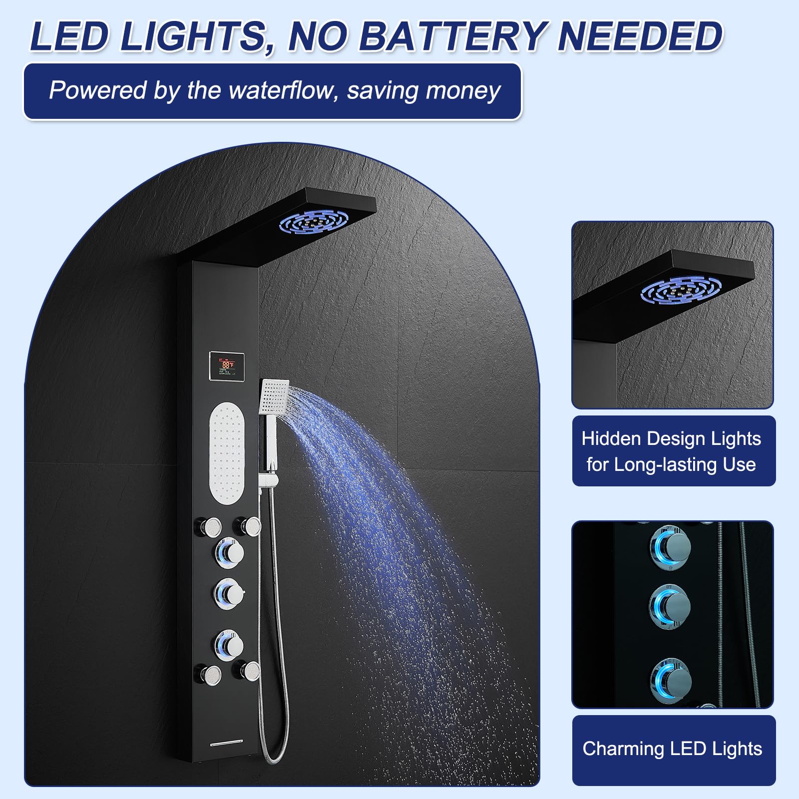 ROVATE LED Shower Panel Tower System - Hydroelectric LED Lights & Temperature Display, Black Shower Column with Rainfall & Mist Shower, 2 Body Jets, Handheld & Tub Spout | Perfect for Modern Bathroom Renovation & Spa-Like Shower Experience