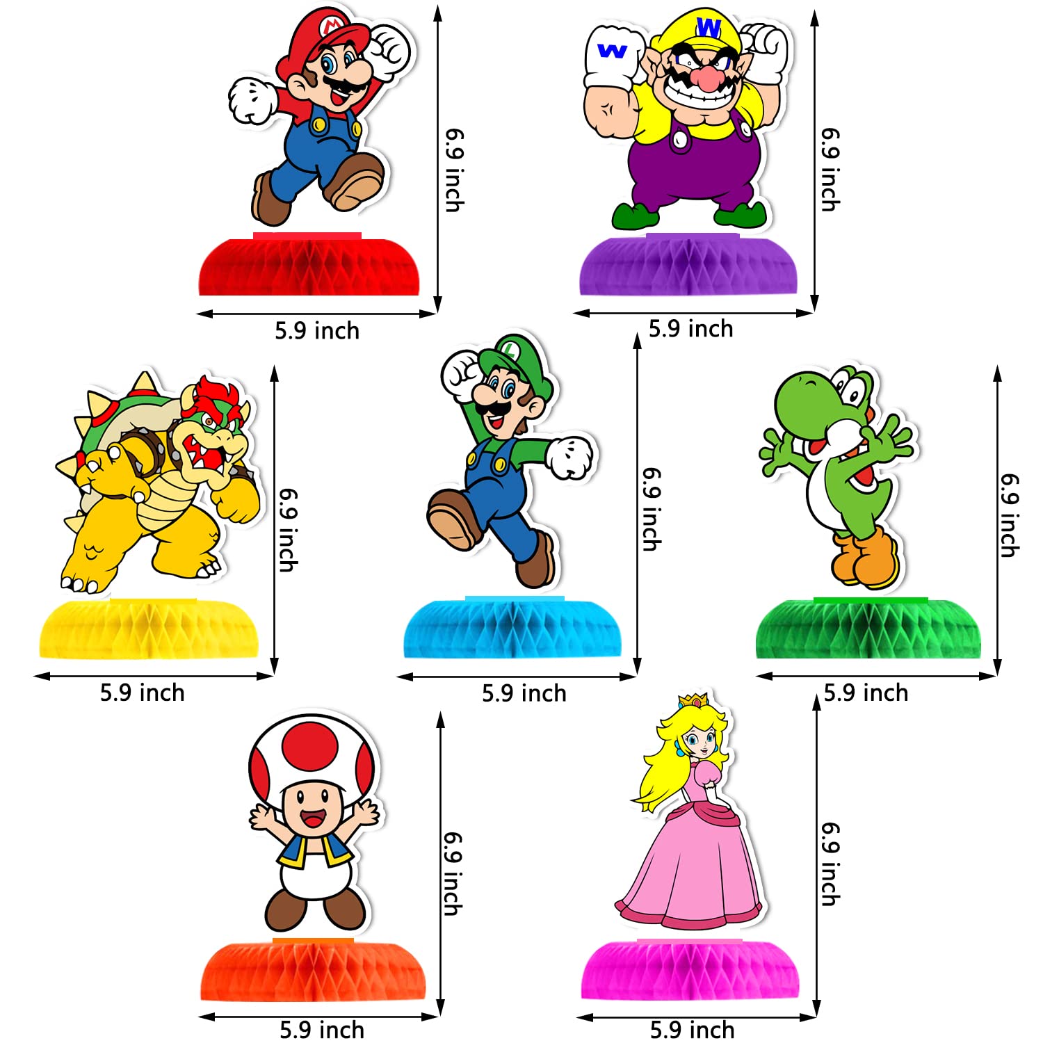 Super Mario Birthday Party Decorations - 7Pcs Double Sided Honeycomb Centerpieces for Mario Themed Party Supplies | Perfect for Kids Birthday, Game Night Decorations & Nintendo Themed Events
