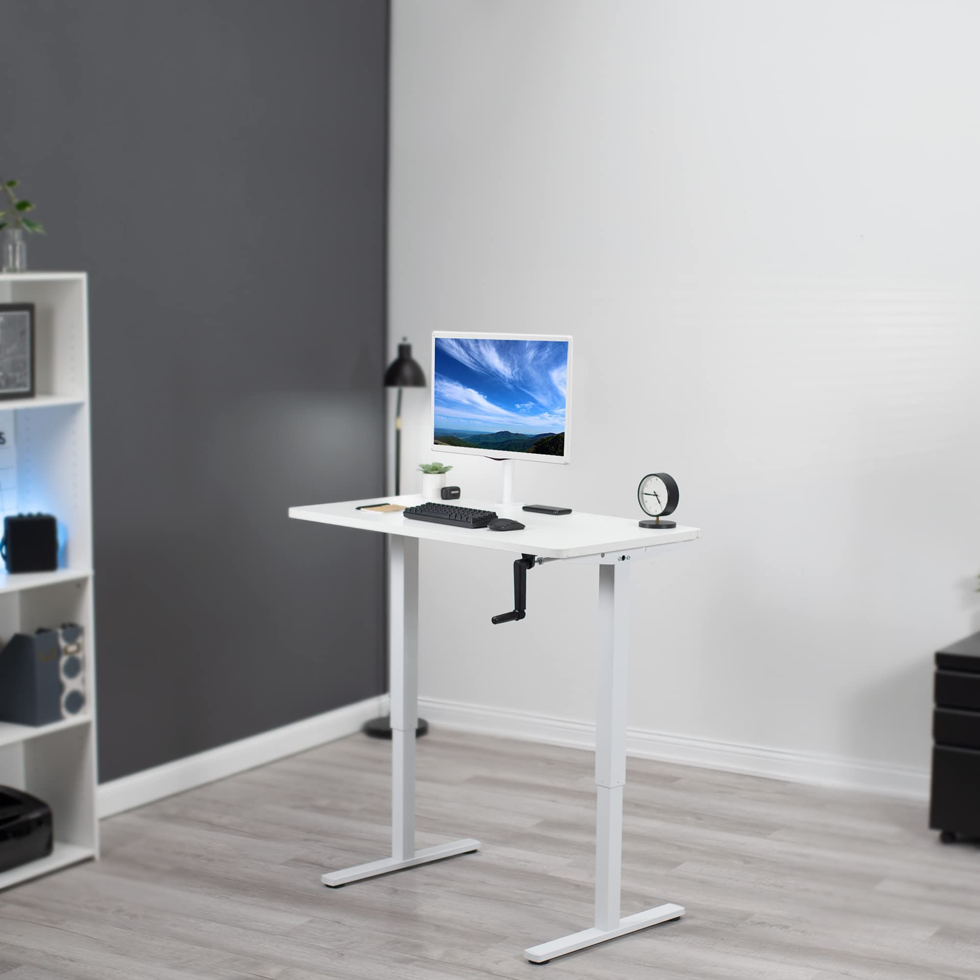 VIVO 43 x 24 Inch Adjustable Height Standing Desk - White Solid One-Piece Tabletop & Frame, Manual Crank with Foldable Handle - Perfect for Home Office, Study Room & Small Workspaces