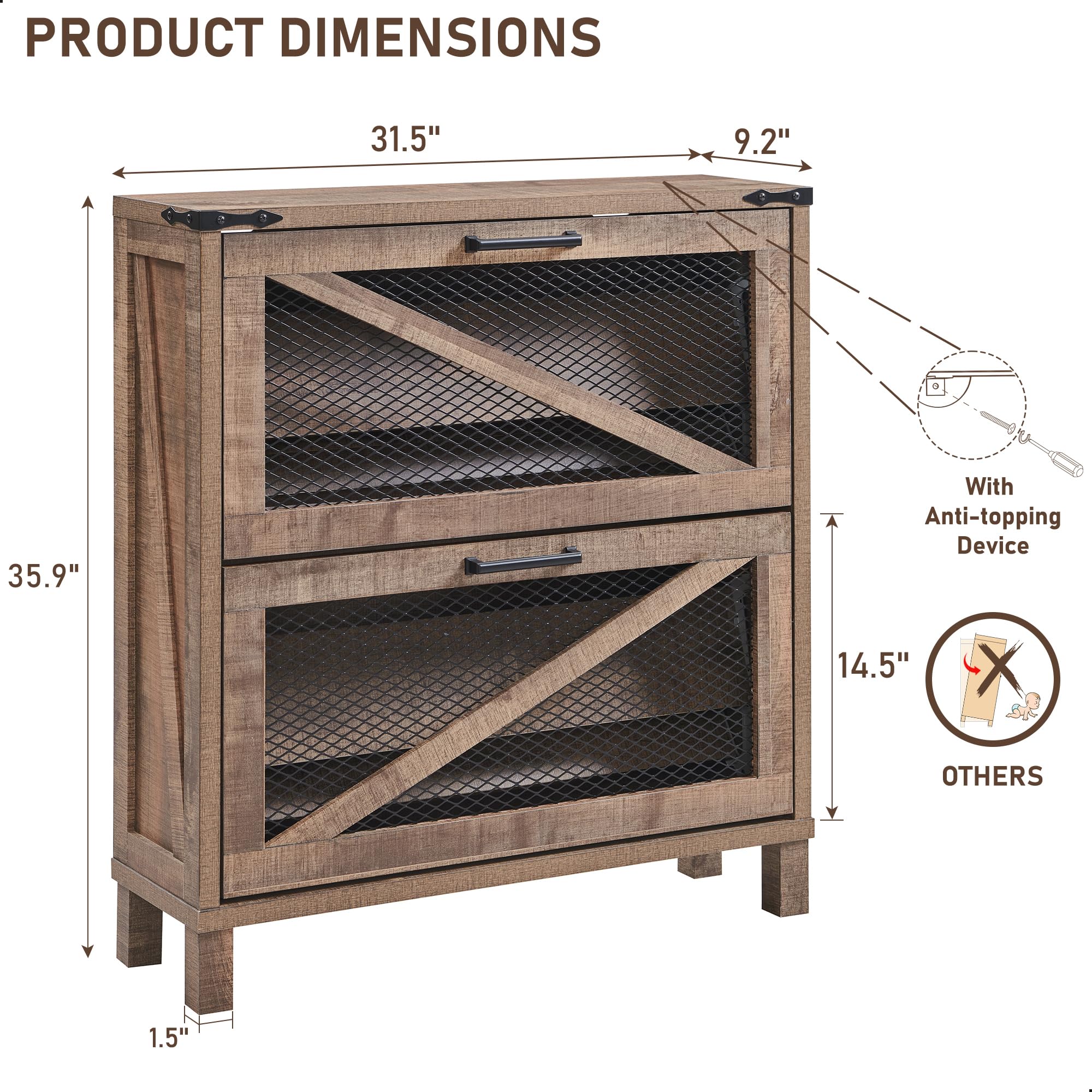 Farmhouse Shoe Cabinet with 2 Flip Drawers & Adjustable Shelves - Rustic Wooden Shoe Organizer with Mesh Doors for Entryway Storage - Light Brown Small Shoe Cabinet for Hallway, Mudroom or Closet Organization