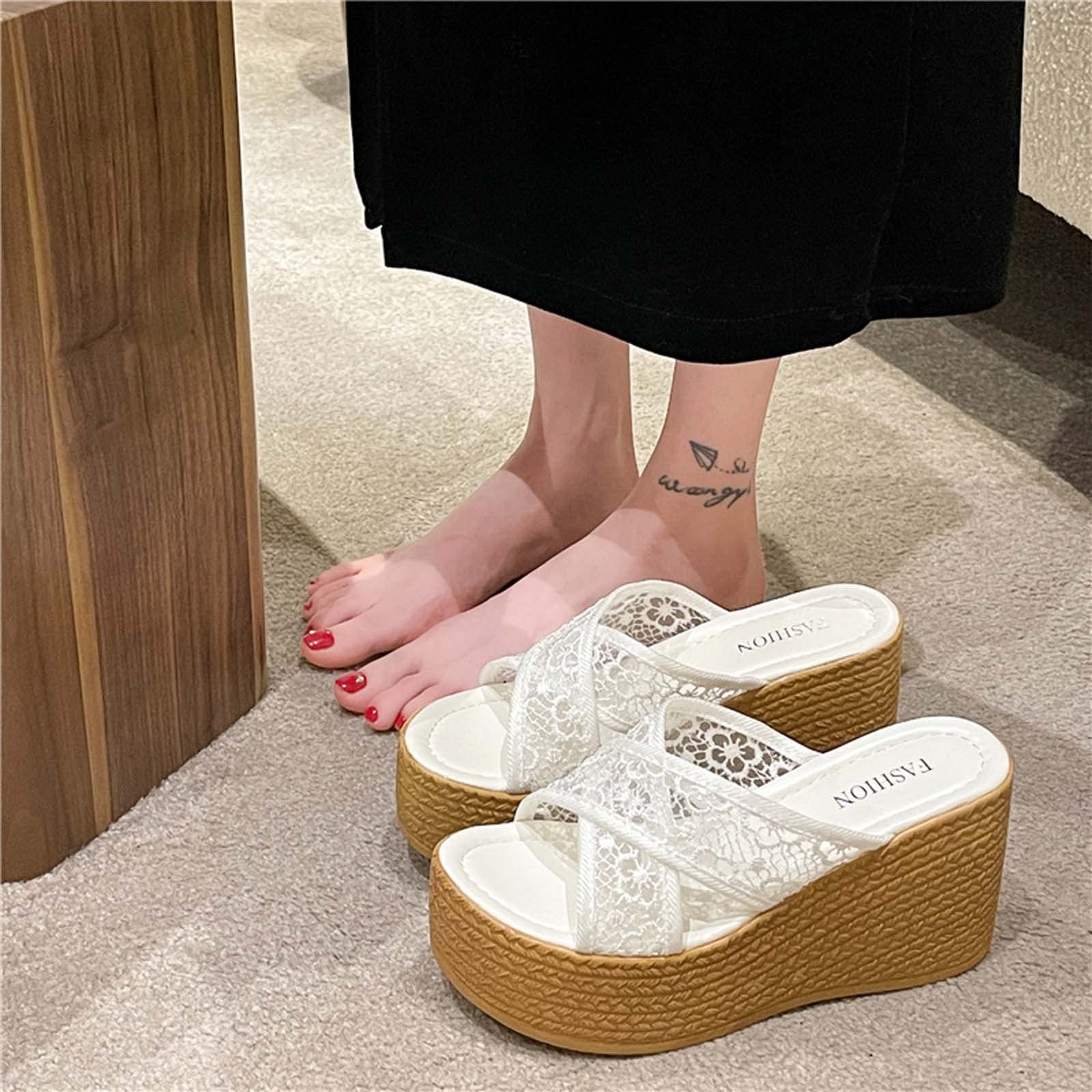 Women's Dressy Summer Platform Sandals - Floral Lace Cross Strap Wedge Heel Open Toe Slides (4.5 Inch) for Beach, Wedding & Casual Outings