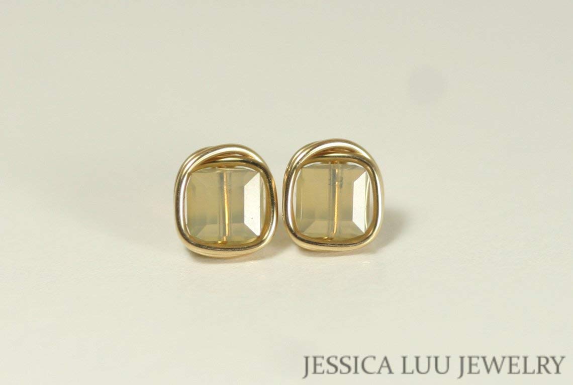 Handmade Gold Tan Stud Earrings with Sand Opal Crystals - Wire Wrapped Boho Jewelry for Women - Perfect for Daily Wear, Parties & Gifts