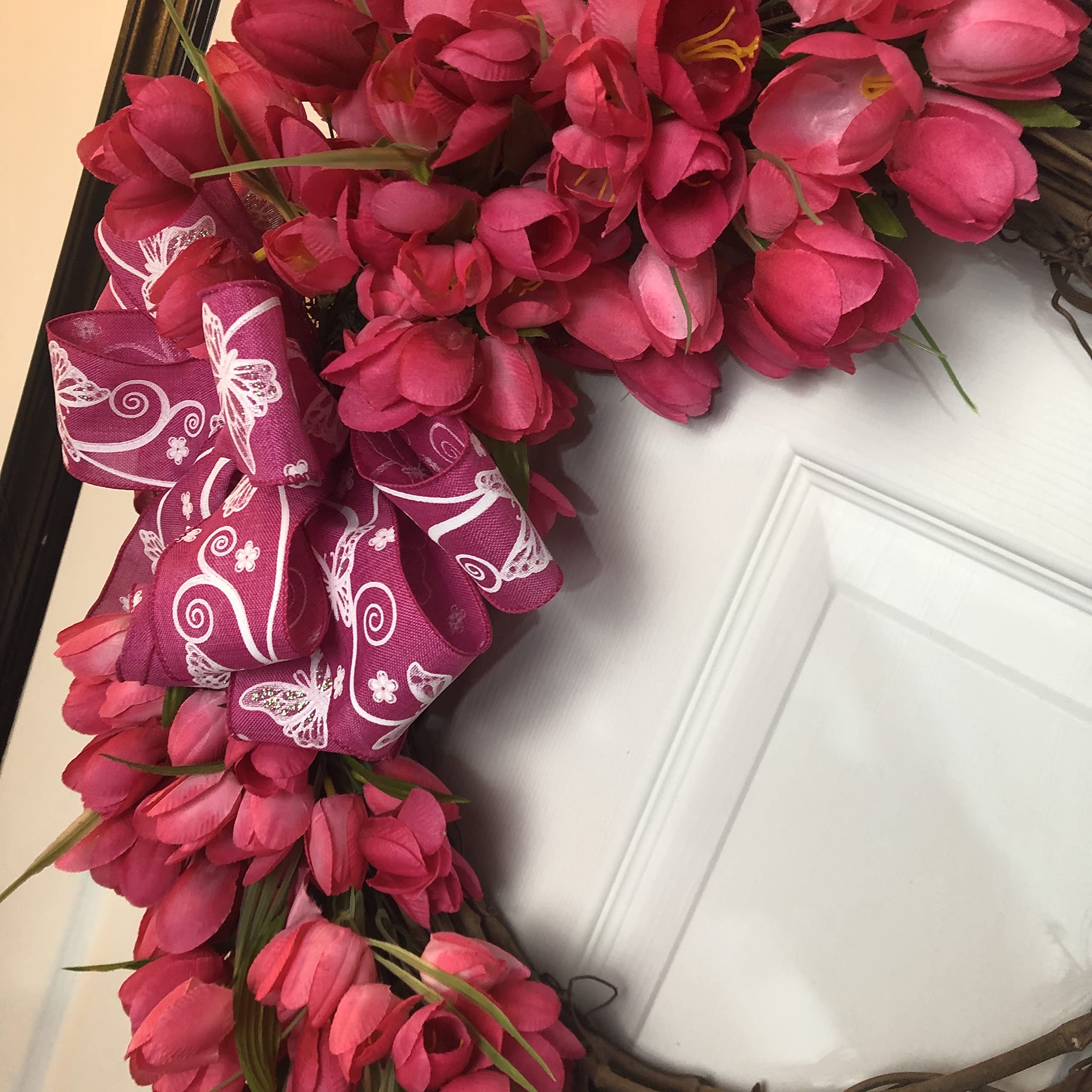 Pink Tulip Wreath with Butterfly Bow - Floral Spring Summer Door Decor for Home, Wedding, Party & Garden Decoration