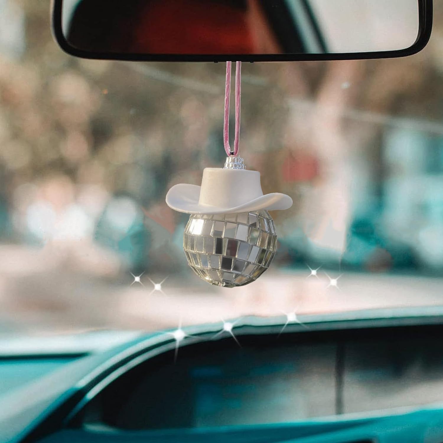 Disco Ball Car Mirror Hanging Ornament - Sparkling Cowboy Hat Car Charm Accessory for Party & Fun Ride Decor (White) | Perfect for Birthday Celebrations, Road Trips & Night Cruises