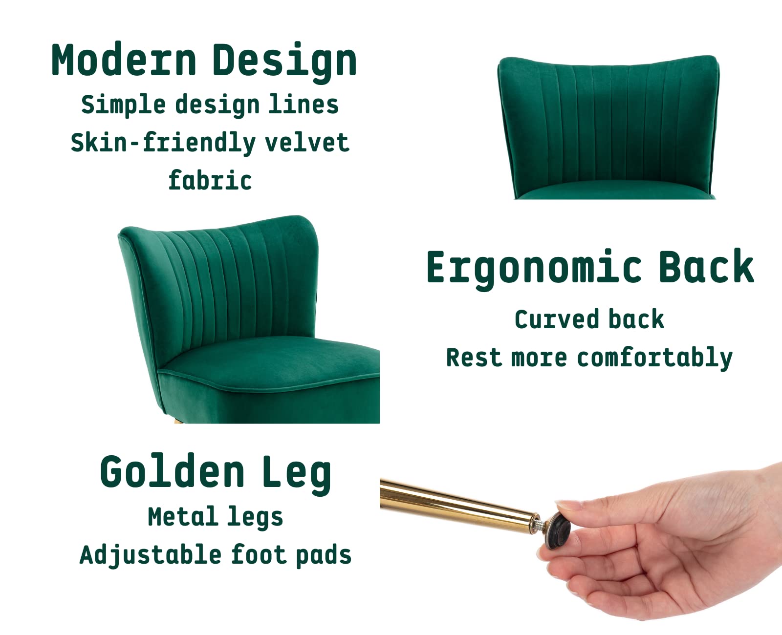 Velvet Accent Chairs Set of 2 - Mid-Century Modern Upholstered Side Chairs with Golden Legs, Comfy Armless Wingback Sofa for Living Room, Guest Room & Bedroom - Green Velvet Fabric for Elegant Home Decor