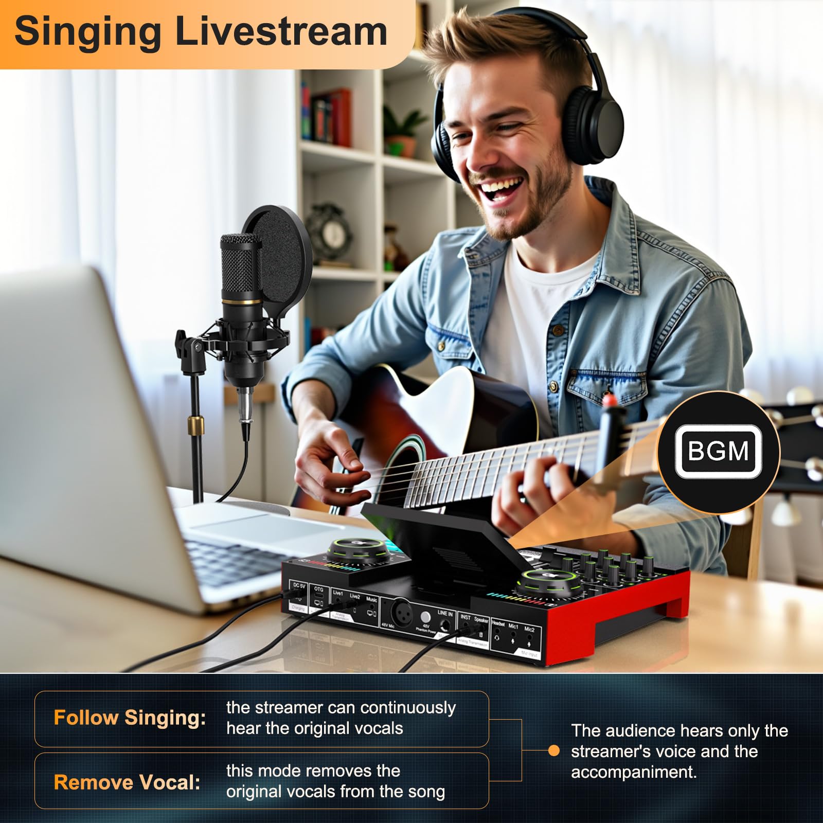 Professional Audio Mixer for PC & Phone - Live Streaming, Gaming, Singing - Compatible with 3.5mm/XLR Dynamic & 48V Microphones - DJ Mixer Effects, Voice Changer, Denoise & One-Click Mute - Perfect for Podcasting, YouTube Streaming & Home Studio Recording