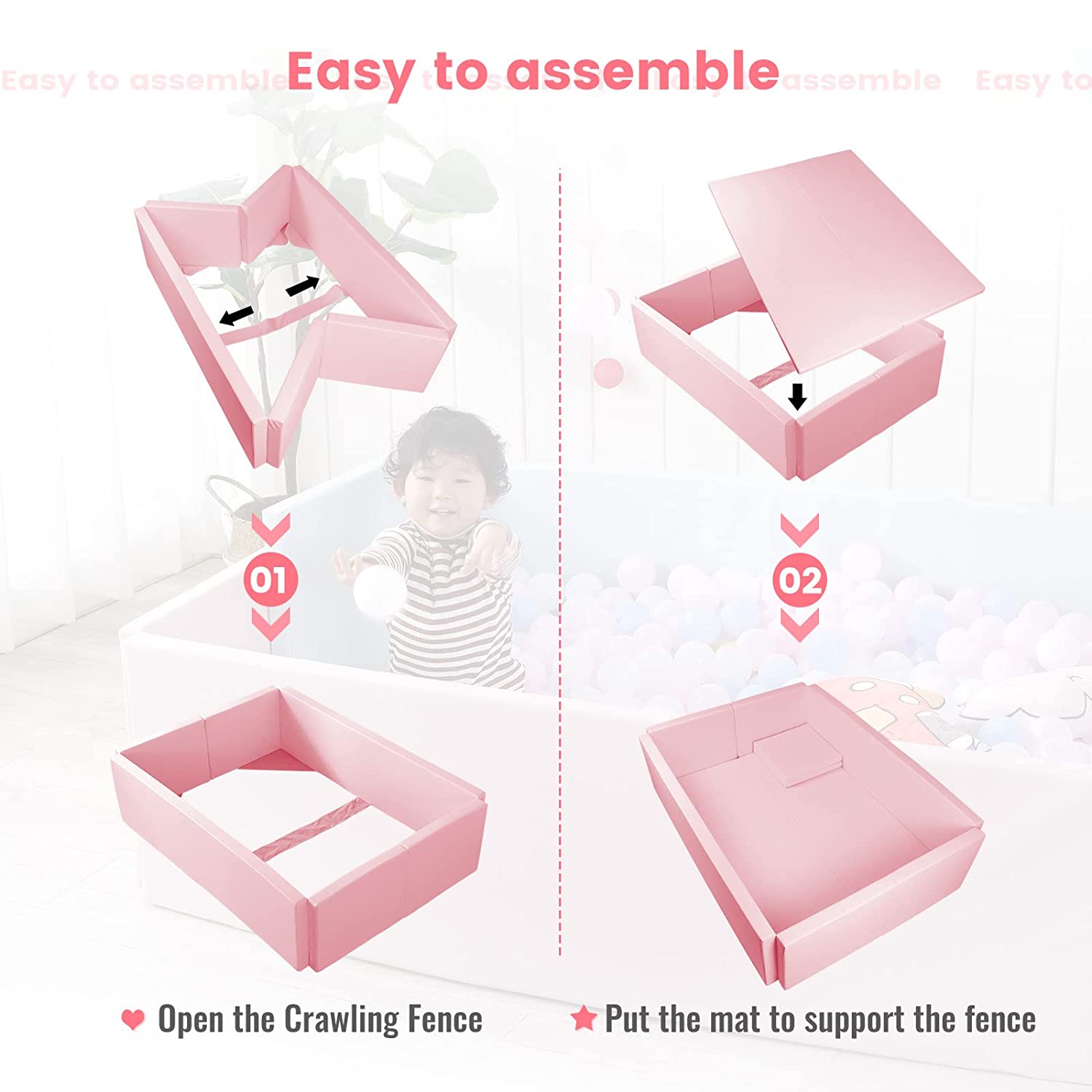 Soft Foam Foldable Pink Ball Pit Crawling Fence - Safe Playpen for Toddlers & Kids - Indoor/Outdoor Playground for Baby Crawling, Sensory Play & Birthday Parties