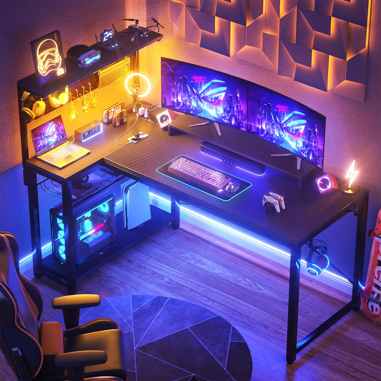 Homieasy 51 Inch L-Shaped Gaming Desk with Power Outlets, LED Light & Pegboard - Carbon Fiber Black Computer Desk with Monitor Stand, Storage Shelves & Headset Hooks - Perfect for Small Spaces, Home Office & Gaming Setup