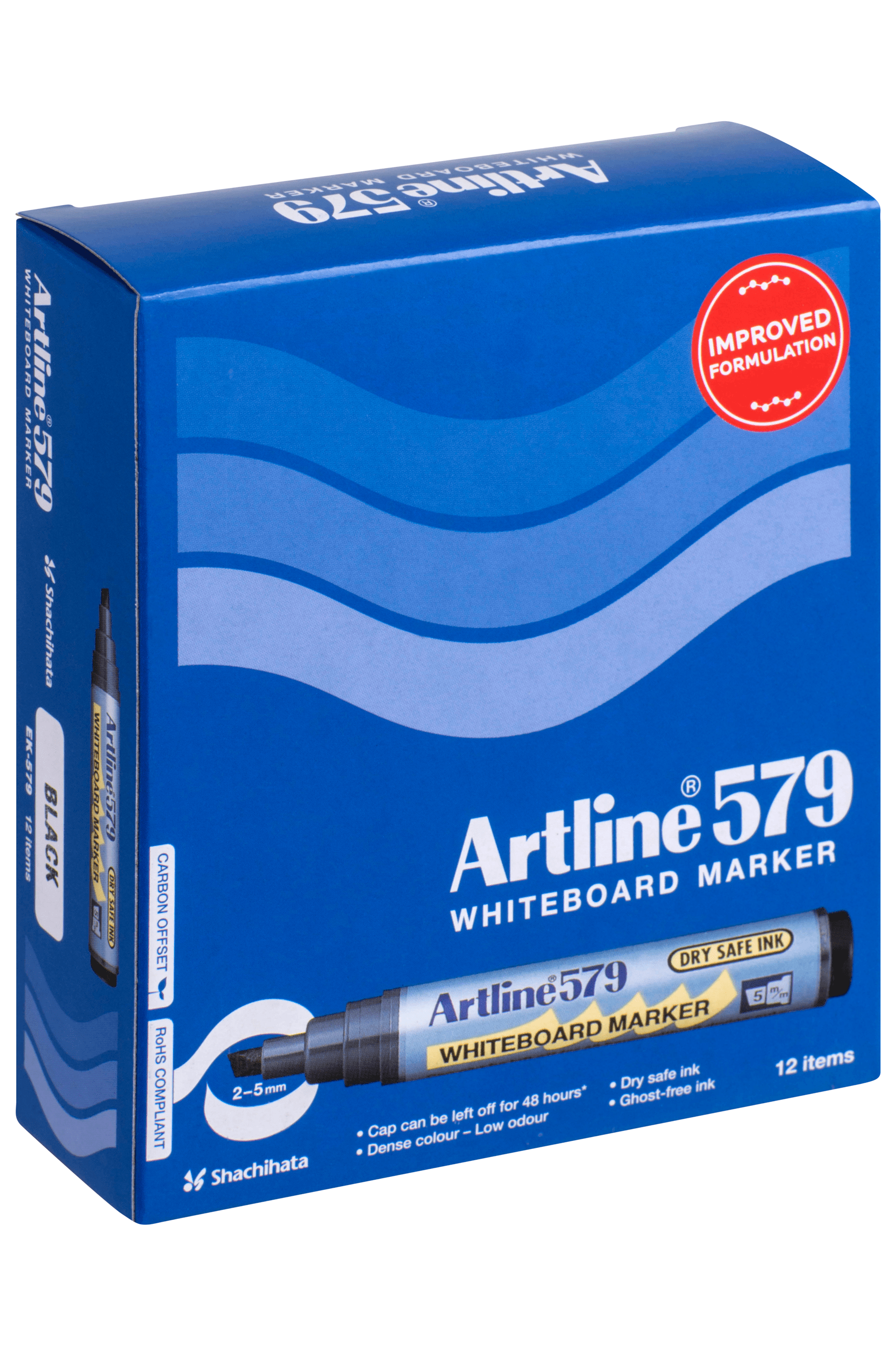 Artline 579 Whiteboard Markers - 5mm Chisel Tip, Black Ink, Pack of 12 - Perfect for Office, Classroom & Home Whiteboard Presentations