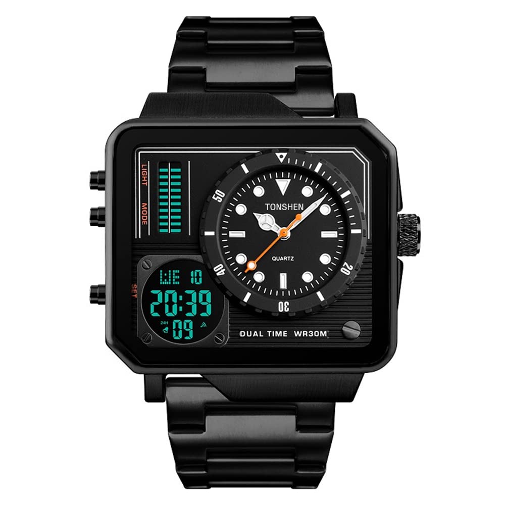 TONSHEN Men's Luxury Digital Watch - Stainless Steel Military Sports Watch with Dual Time, Stopwatch, Alarm & Backlight - Perfect for Outdoor, Fitness & Casual Wear