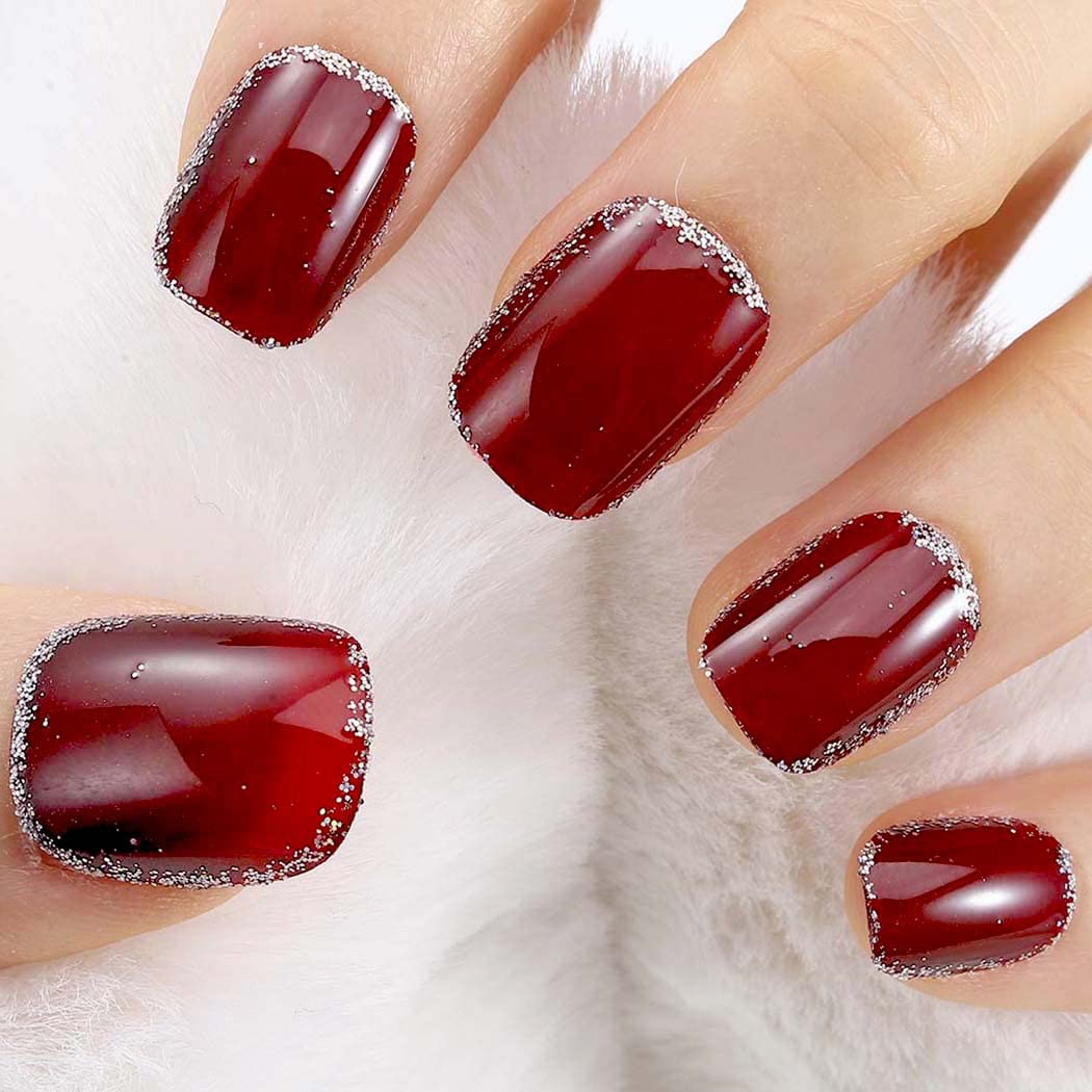 Short Press On Nails Red Square Fake Nails with Glitter & Glossy Finish - Shimmer Acrylic Artificial Nails for Women & Girls (24Pcs) - Perfect for Daily Wear, Parties, and Special Occasions