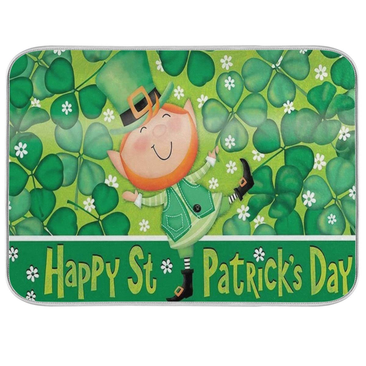 St. Patrick's Day Green Clover Dish Drying Mat 18x24 Inch - Absorbent Fast-Dry Kitchen Accessories with Lucky Shamrock & Leprechaun Design - Perfect for Drying Dishes, Cups, and Utensils After Washing
