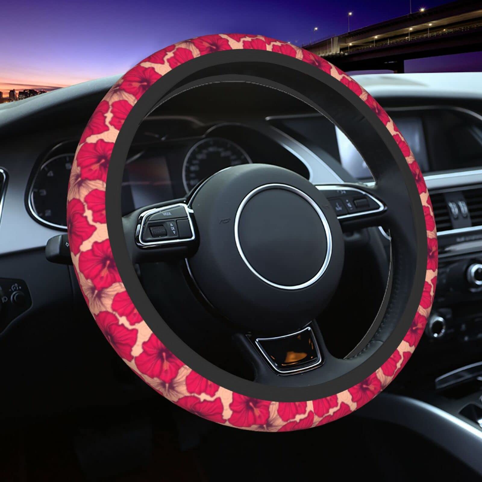 Universal 15 Inch Red Hibiscus Flowers Steering Wheel Cover - Hawaiian Tropical Flower Print Neoprene Car Wheel Protector - Cute Car Accessories for Women - Perfect for Summer Road Trips & Beach Vacations