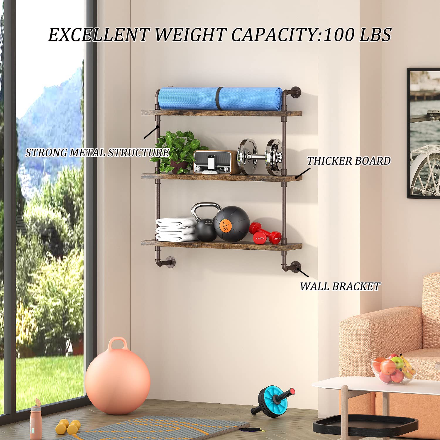**Industrial Pipe Shelf Wall Mounted - Rustic Wood Floating Shelves, 3-Tier Wall Display Bookshelf - Storage Rack for Kitchen, Office, Bathroom Organization & Home Decor (24inch x 2) - Perfect for Small Spaces, Farmhouse Style & Modern Industrial Decor**