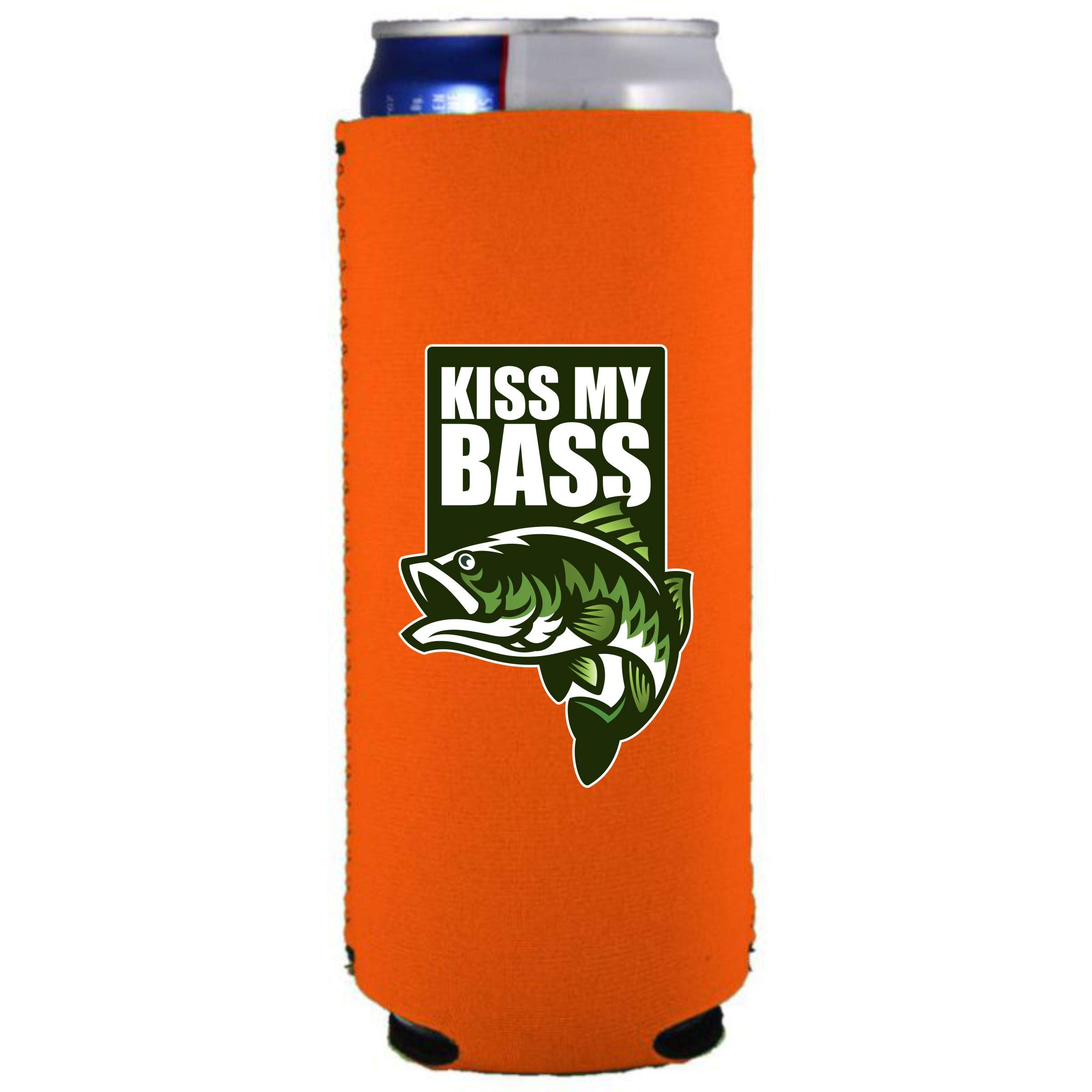 Kiss My Bass Slim Can Cooler - Insulated Orange Beer Can Holder for Fishing & Outdoor Activities - Perfect for Camping, BBQ, and Tailgating