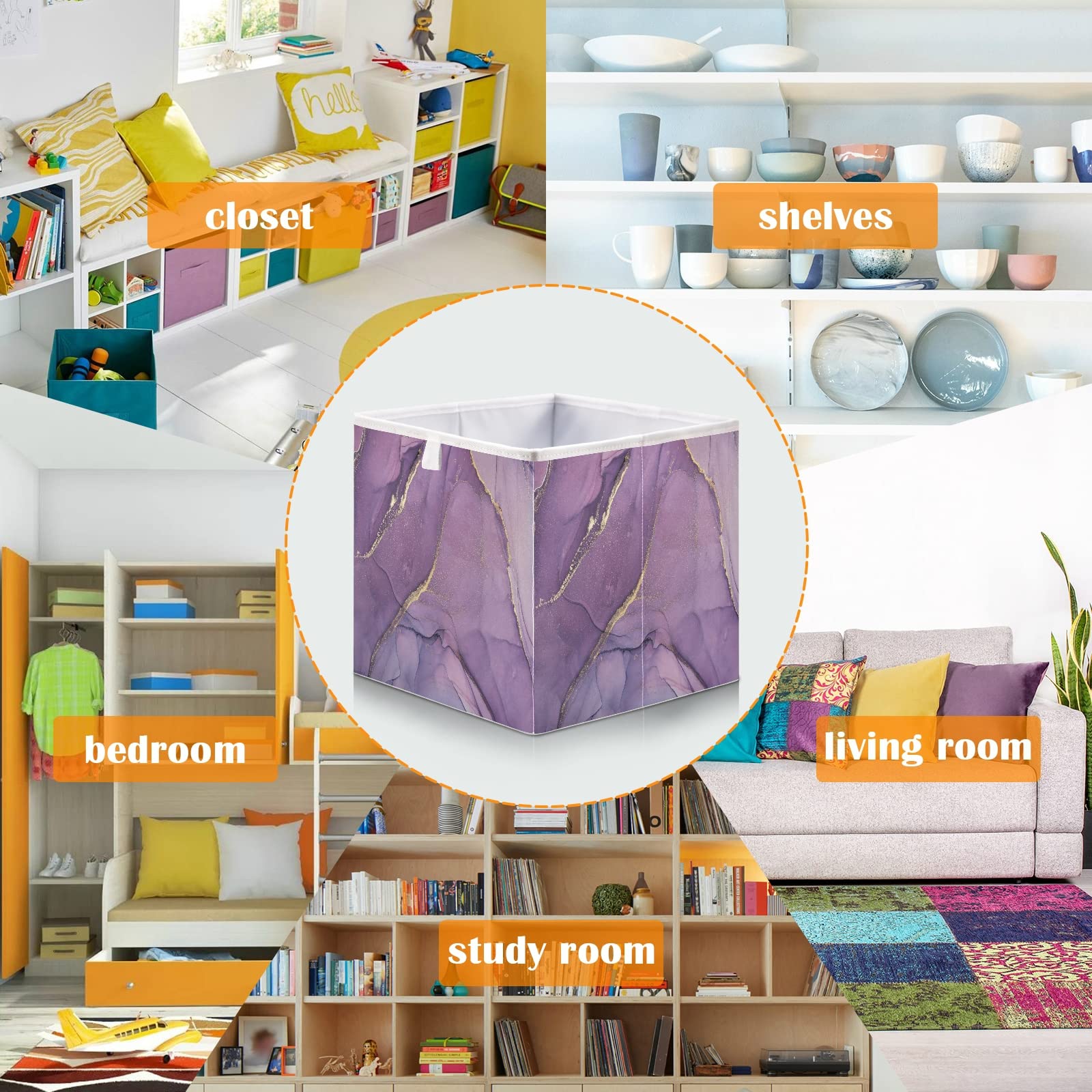 Gold & Purple Acrylic Paint Marble Art Rectangular Storage Basket - Collapsible Foldable Organizer Bin for Toys, Clothes, Nursery | Modern Home Decor & Easy Assembly